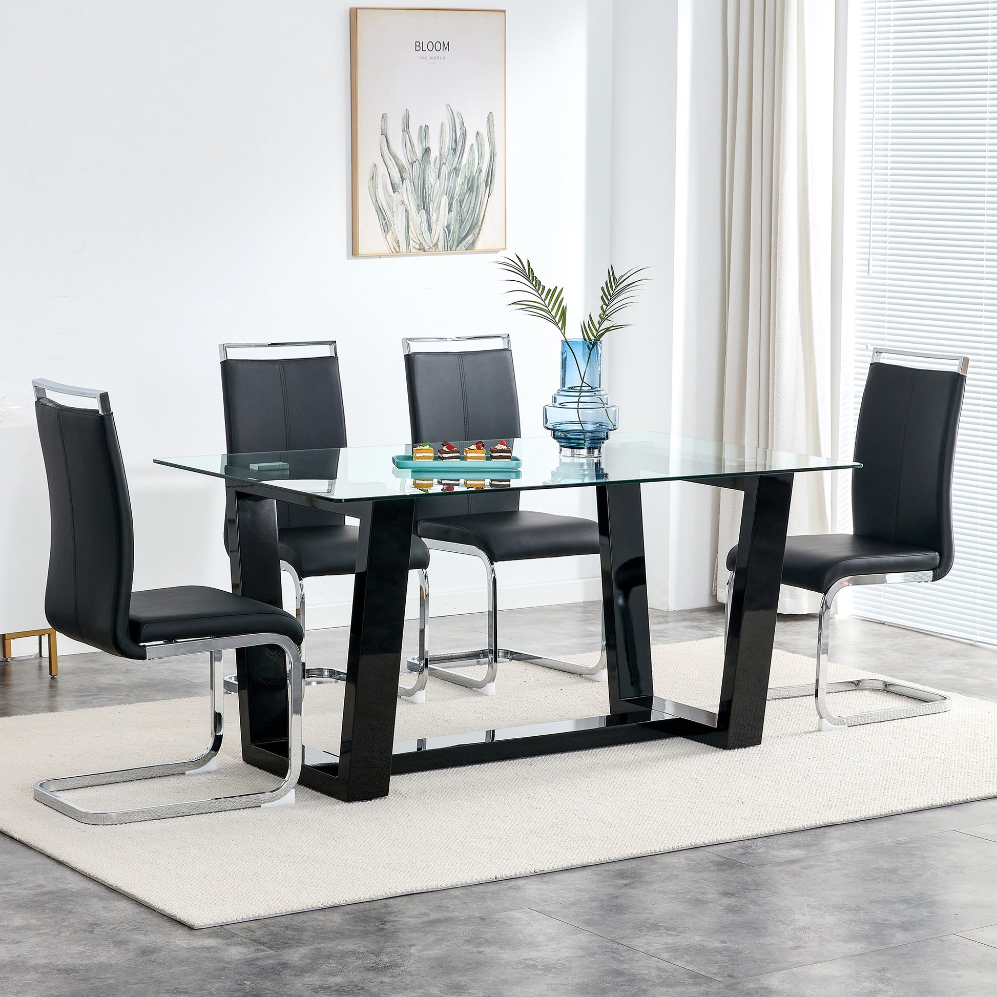 Seating 6 8 People, This Modern, Minimalist Rectangular Dining Table Features A Tempered Glass Top And A Sleek Black Mdf Stand. Suitable For Kitchen, Dining Room, Living Room, Meeting Room Transparent Mdf Glass