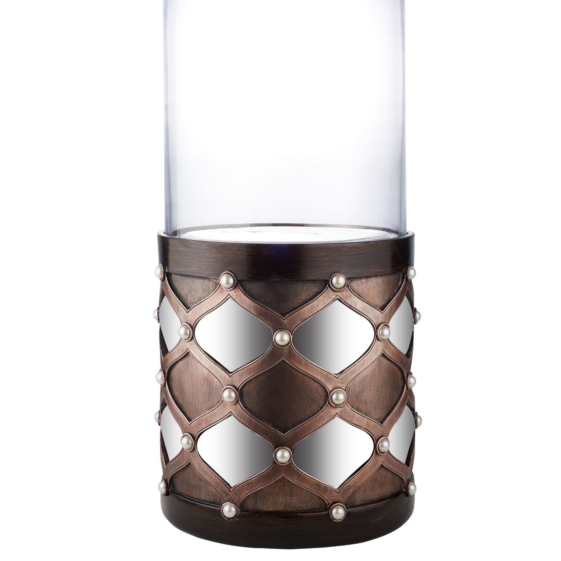 22" Tall Candleholder With Hurricane Glass, Arabesque Mirror Design Brown Polyresin