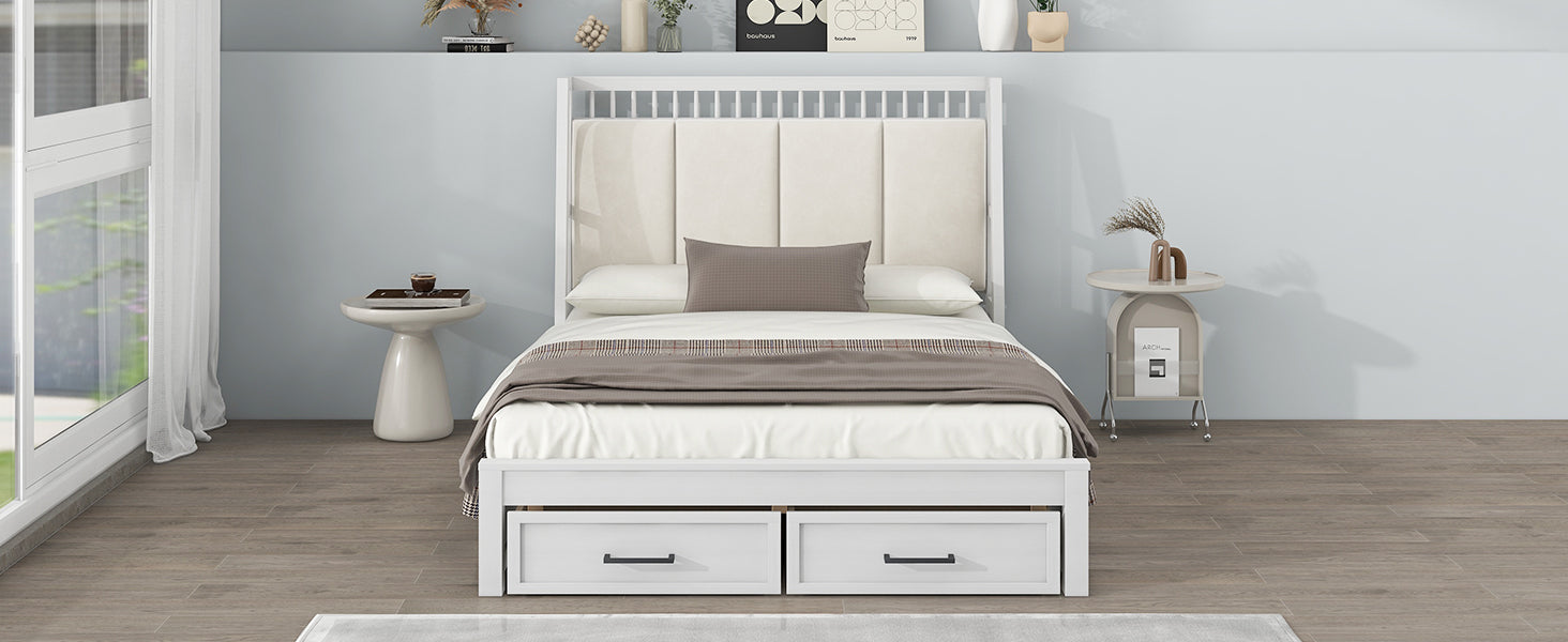 Full Size Wood Platform Bed With Upholstered Headboard And 2 Drawers, White Box Spring Not Required Full White Wood Bed Frame Solid Wood Mdf