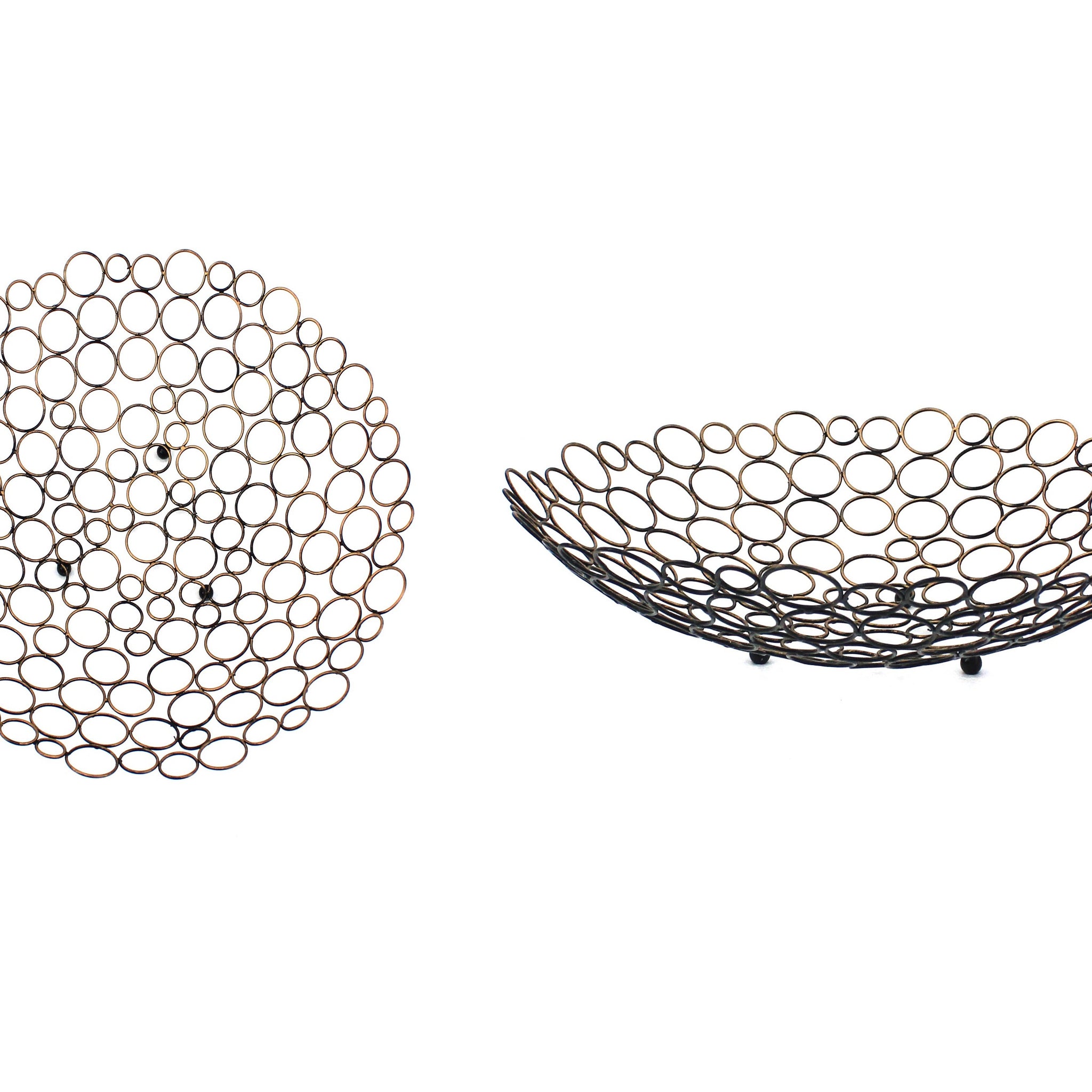 Decorative Metal Tray With Mesh Design And Ball Support,Gold And Black Gold Metal