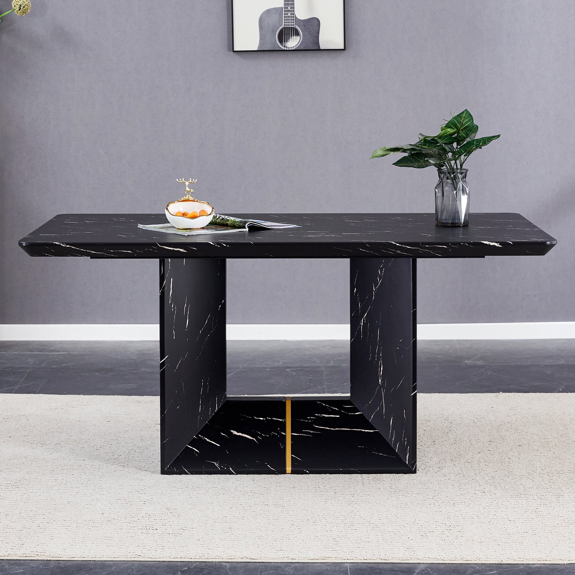 This Modern Dining Table With Mdf Marbled Design Gives You A Luxurious And Elegant Feel, Adding A Touch Of Elegance Whether It Is A Family Dinner Or Entertaining Guests. Black Mdf