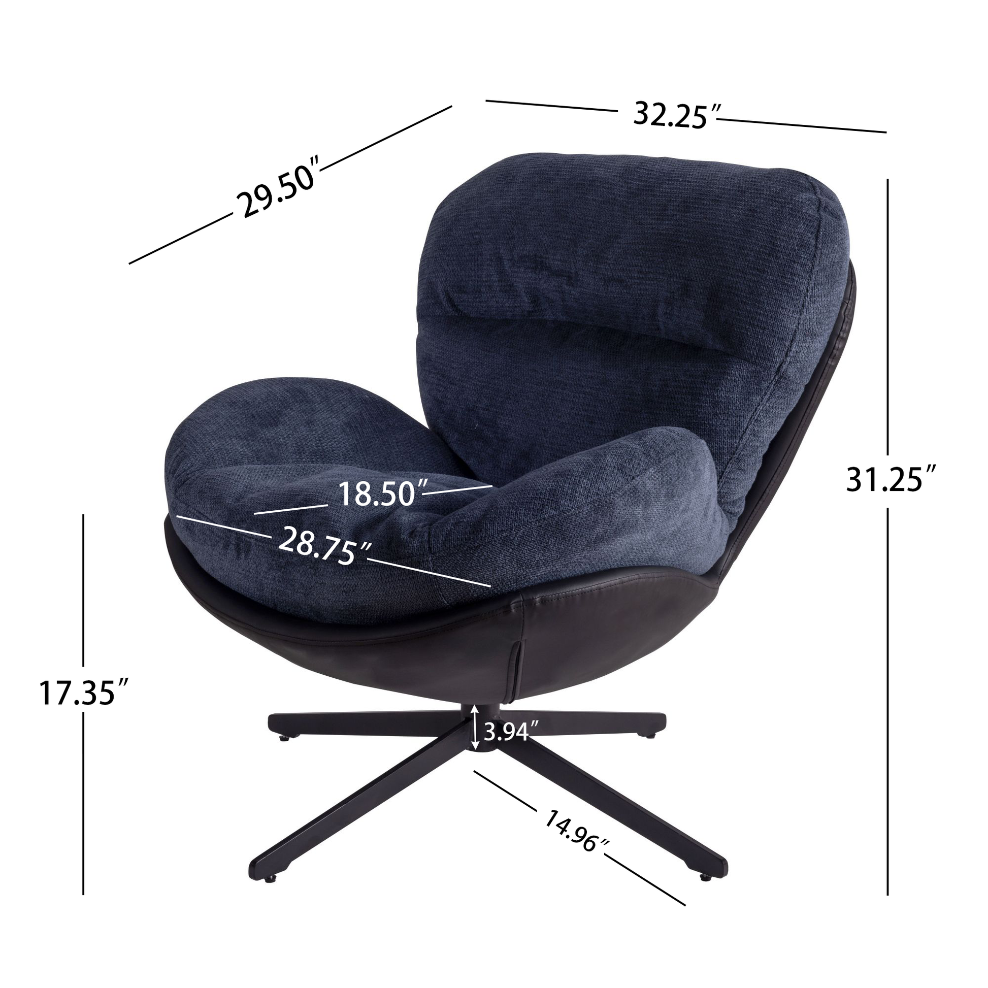 360 Swivel Accent Chair, Modern Chenille Lounge Chair With Faux Leather And Black Metal Base Frame, Comfortable Reading Chair For Small Spaces, Living Room, Bedroom, Reading Corner, Office, Navy Blue Black,Navy Blue Brown Primary Living Space American