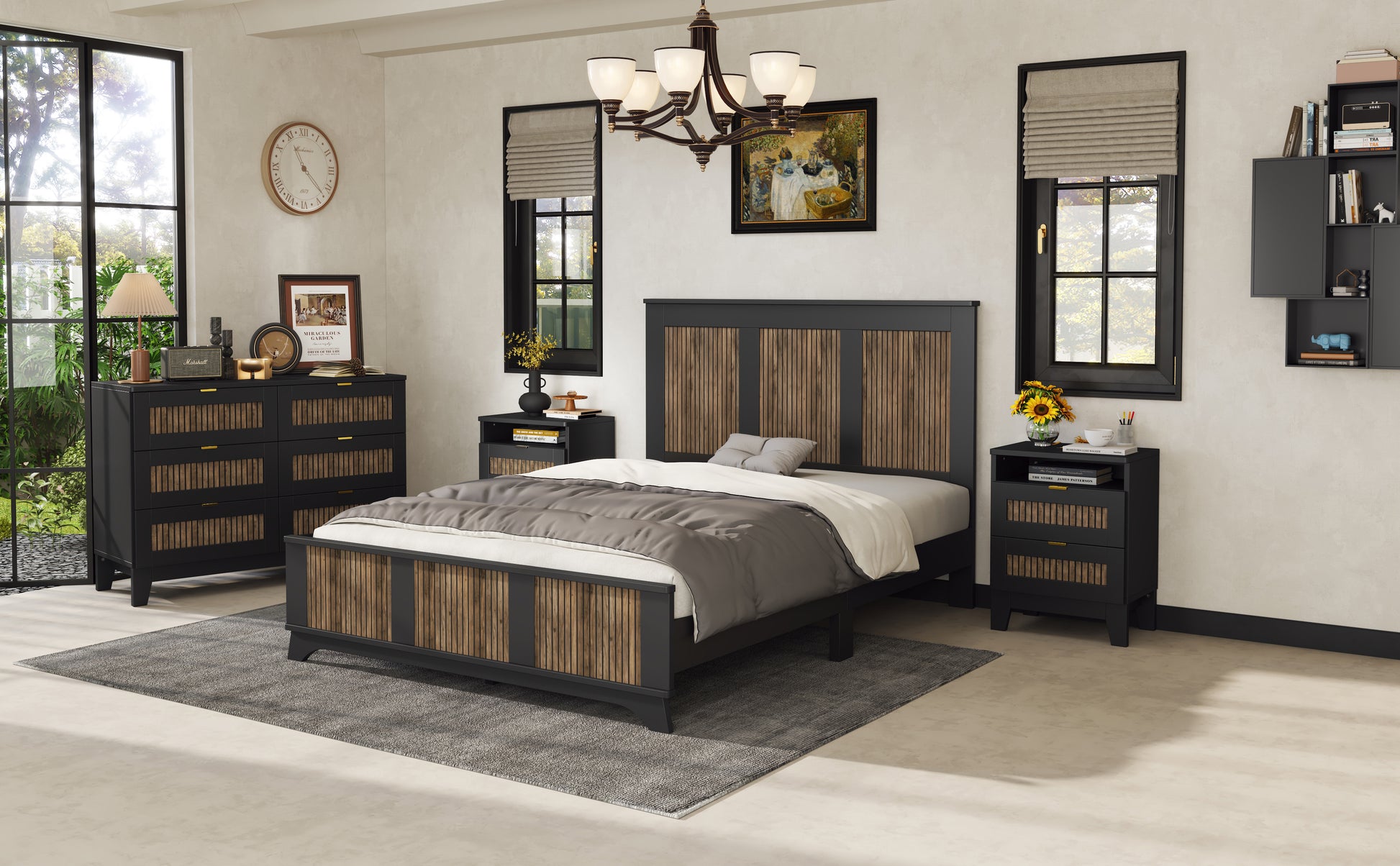 4 Pieces Bedroom Sets, Queen Size Farmhouse Platform Bed With Wooden Strip Decoration, Storage Nightstand And Dresser With Metal Handle, Black Queen Black 4 Piece Set Particle Board