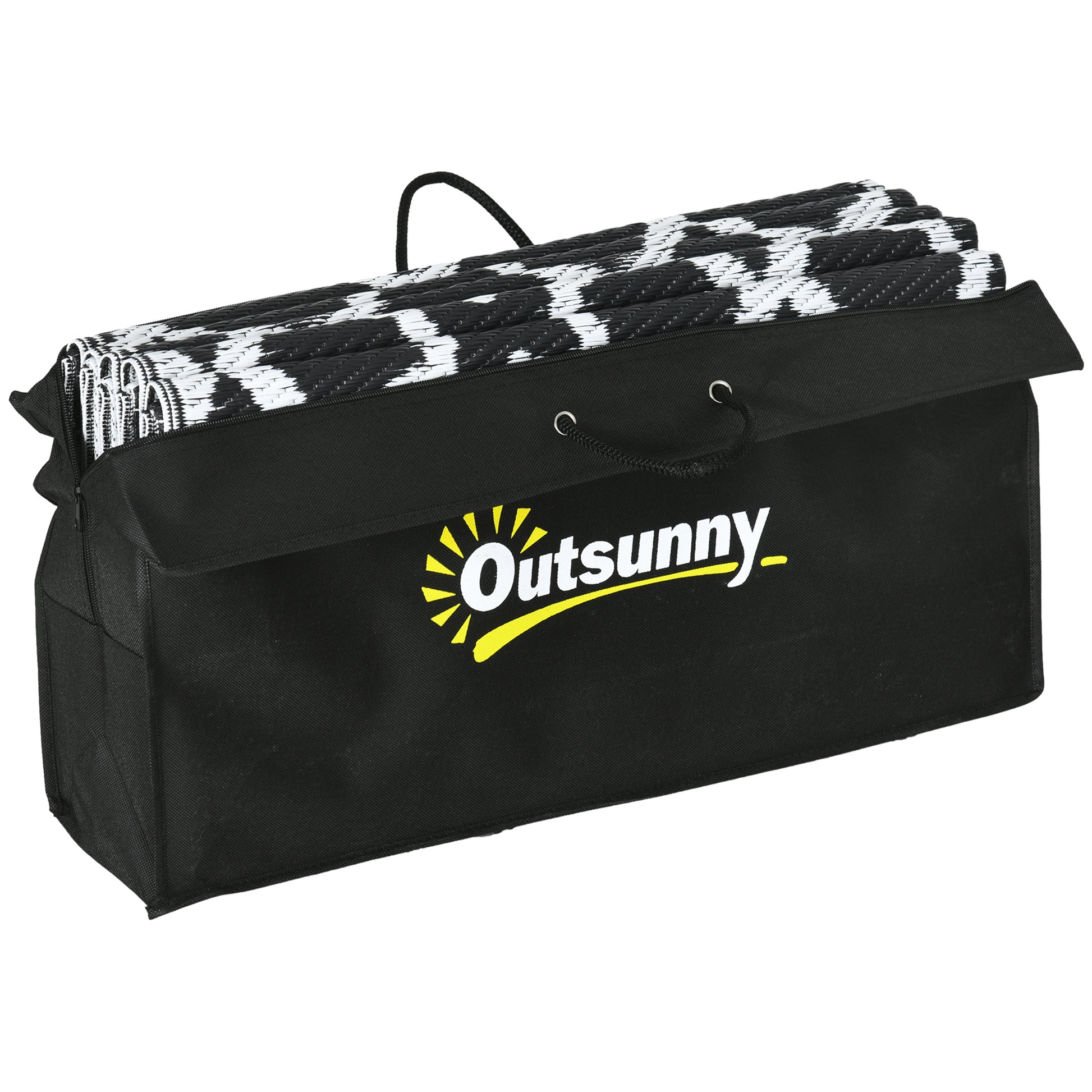 Outsunny Reversible Outdoor Rug, 8' X 10' Waterproof Plastic Straw Floor Mat, Portable Rv Camping Carpet With Carry Bag, Large Floor Mat For Backyard, Deck, Picnic, Beach, Black & White Cr Multicolor Polypropylene