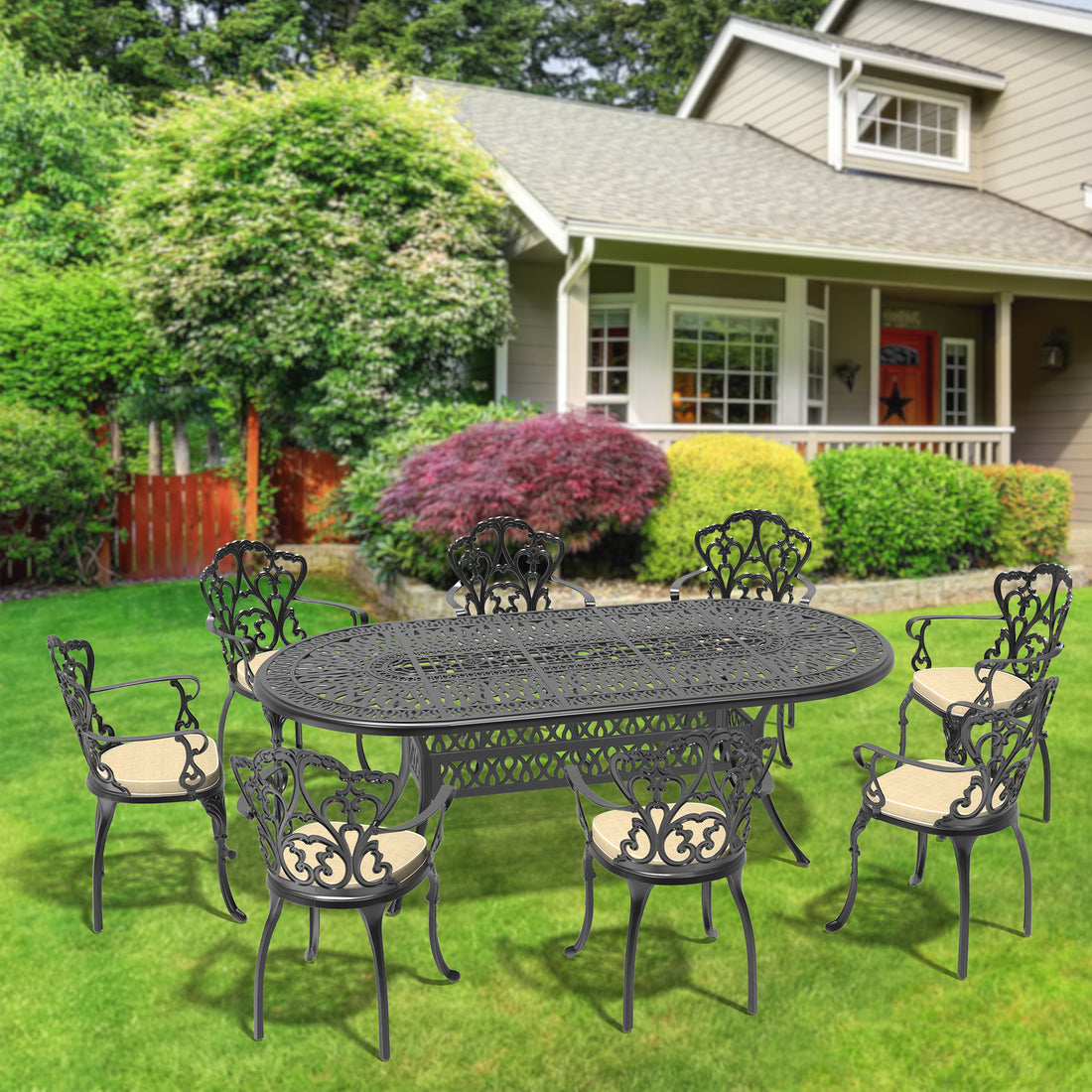 Cushions In Random Colors 9 Piece Set Of Cast Aluminum Patio Furniture With Cushions Yes Dining Set Black Seats 8 Rust Resistant Frame Water Resistant Cushion Garden & Outdoor Complete Patio Sets Aluminium