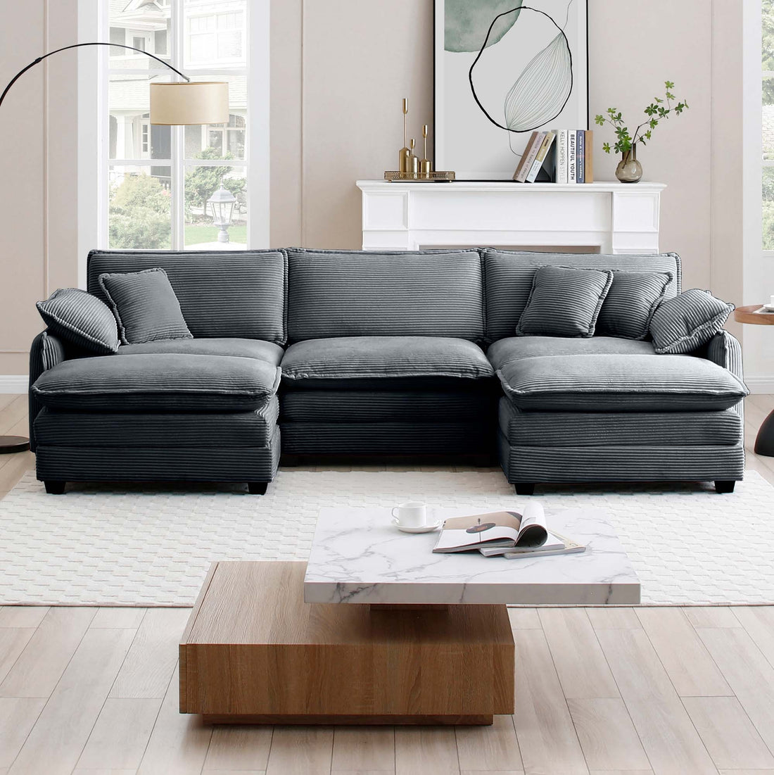 Oversized Modular Cushioned Sofa With Conversible Ottoman, 3 Seater Sofa With 2 Footstools, U Shape Sofa Ingrey Corduroy Fabric Grey Corduroy 3 Seat