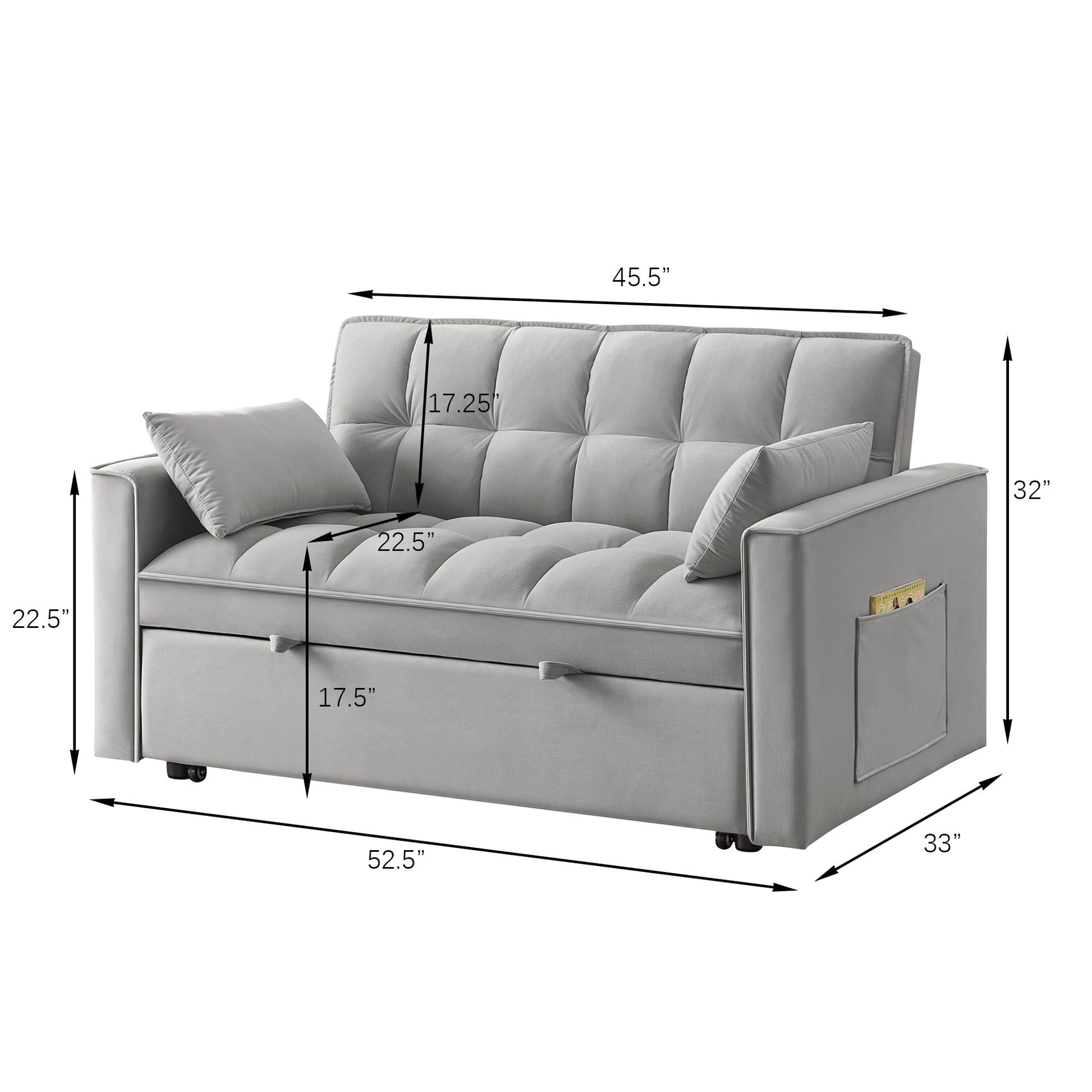 4 In1 Loveseat Sofa Bed With Armrests & Storage Pockets, Multi Function Tufted Pull Out Sofa Bed With Adjustable Backrest And Pillows, Convertible Loveseat Sofa Couch, Gray Gray Velvet Primary Living Space Medium Soft Tufted Back American