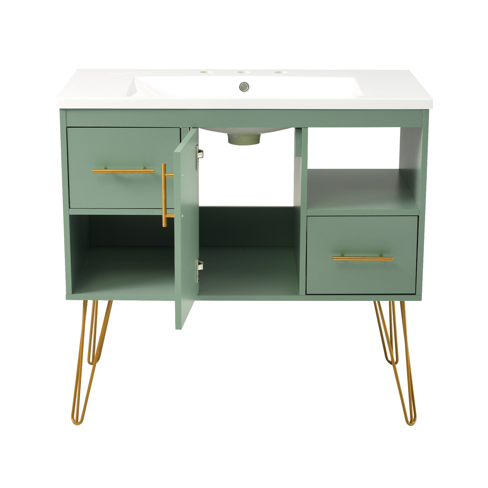 36'' Bathroom Vanity With Resin Sink Combo Set, Modern Freestanding Single Bathroom Cabinet With 2 Drawers & 2 Storage Compartments, Storage Cabinet For Bathroom, Solid Wood Frame Vanity Set, Green Green Bathroom Modern Mdf