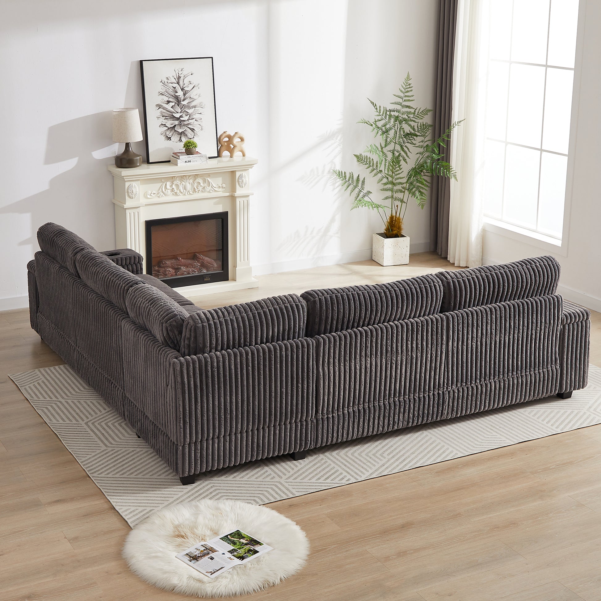 110 Inch Oversized Corduroy Corner Sofa,L Shaped Corner Couch With Two Storage Spaces,Usb Port & T Pyce Port And Cup Holderdeep Seat Comfy Upholstered Couches For Living Room Not Freely Combinable Dark Grey Corduroy 5 Seat