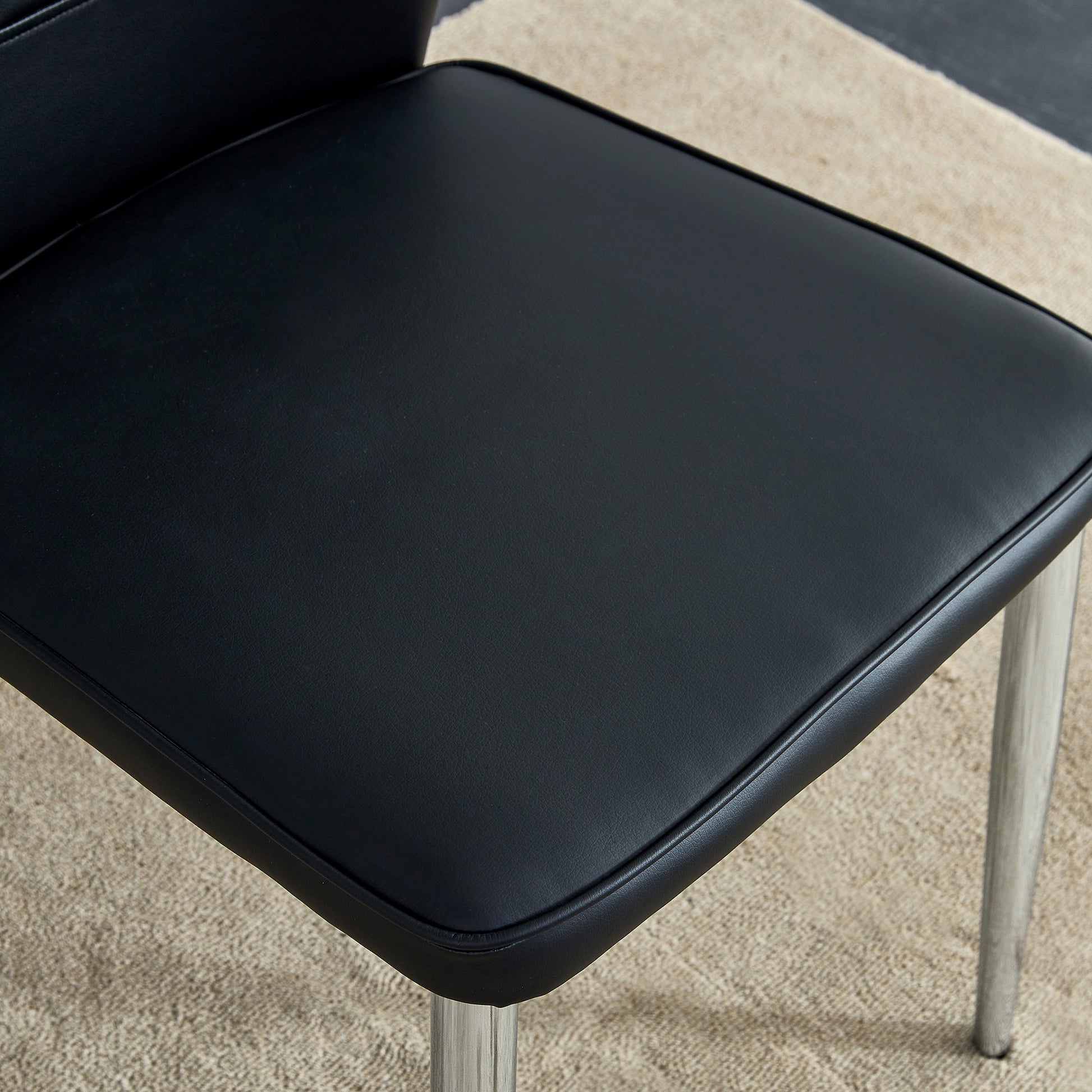 Table And Chair Set.Contemporary, Minimalist Rectangular Dining Table Featuring A Clear Tempered Glass Top And Sleek Silver Legs. Paried With Chairs Made Of Pu Material Cushion And Silver Metal Legs. Black Seats 8 Glass Metal