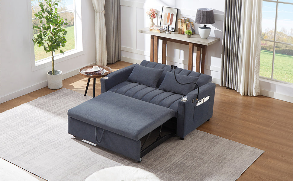 55.9" Convertible Sofa Bed Loveseat Sofa With Three Usb Ports, Two Side Pockets, Two Cup Holders And 360 Swivel Phone Holder For Living Room, Blue Grey Blue Gray Foam Polyester
