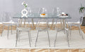 Table And Chair Set.Modern Rectangular Glass Dining Table With Tempered Glass Countertop And Silver Metal Legs, Paired With Multiple Transparent High Quality Pet Dining Chairs With Silver Legs. Silver Seats 8 Tempered Glass