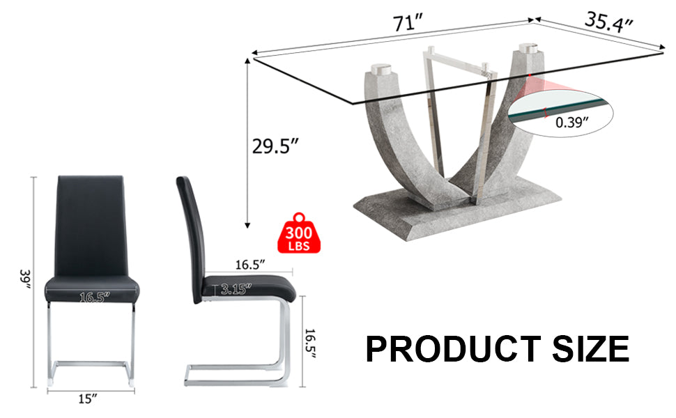 Table And Chair Set, Large Modern Rectangular Glass Table, Can Accommodate 6 8 People, Equipped With A 0.39 Inch Tempered Glass Tabletop And Large Mdf Table Legs, Comfortable And Soft Chairs. Transparent Mdf Glass