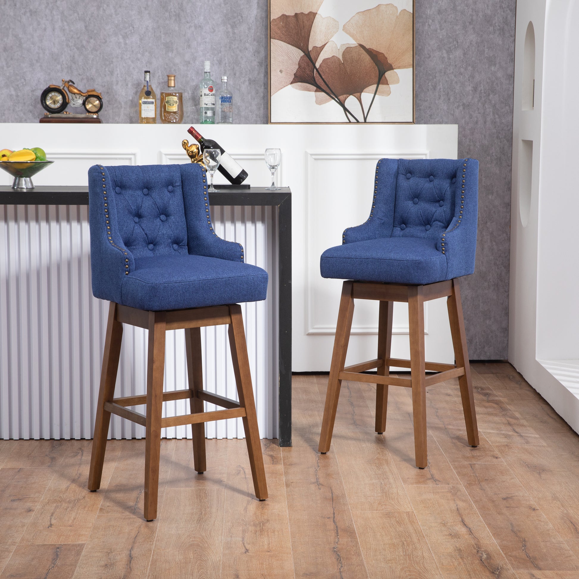 Coolmore Bar Stools Set Of 2 Counter Height Chairs With Footrest For Kitchen, Dining Room And 360 Degree Solid Wood Legs Swivel Bar Stools Set Of 2 Navy Linen Navy Foam Linen