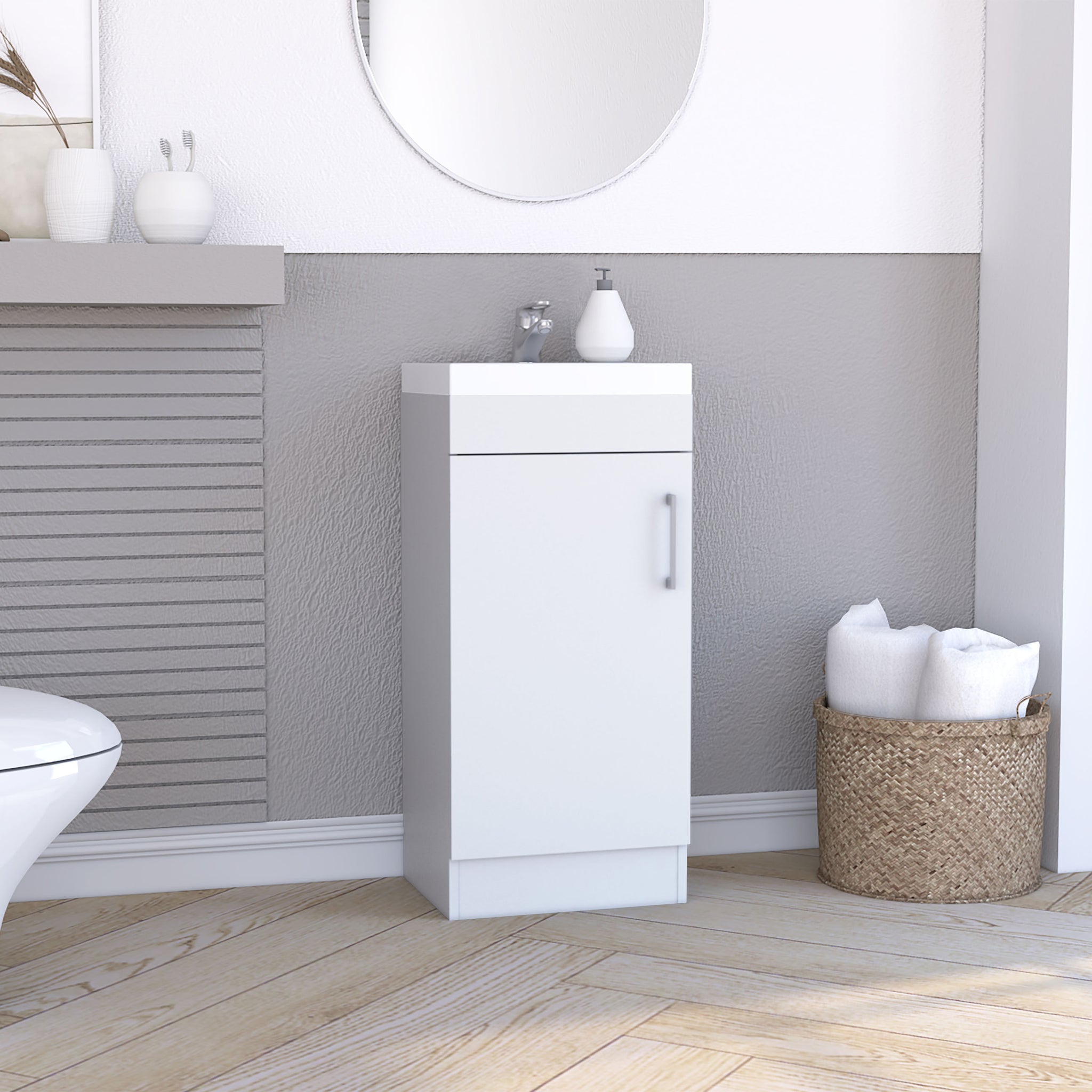 Madrid 16" Bathroom Vanity Single Door, Resin Sink And Faucet White White Bathroom Modern Particle Board