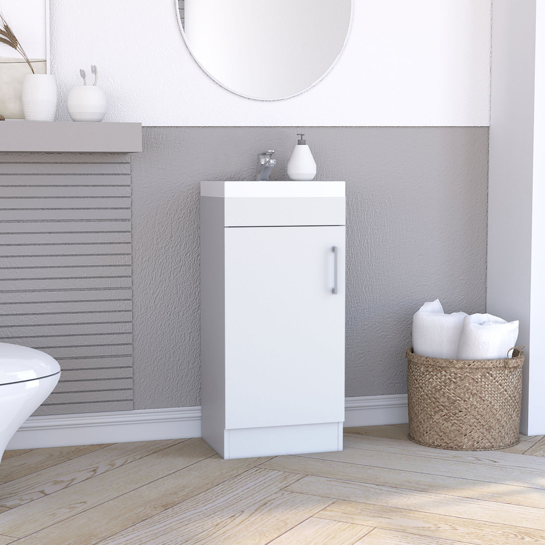 Madrid 16" Bathroom Vanity Single Door, Resin Sink And Faucet White White Bathroom Modern Particle Board