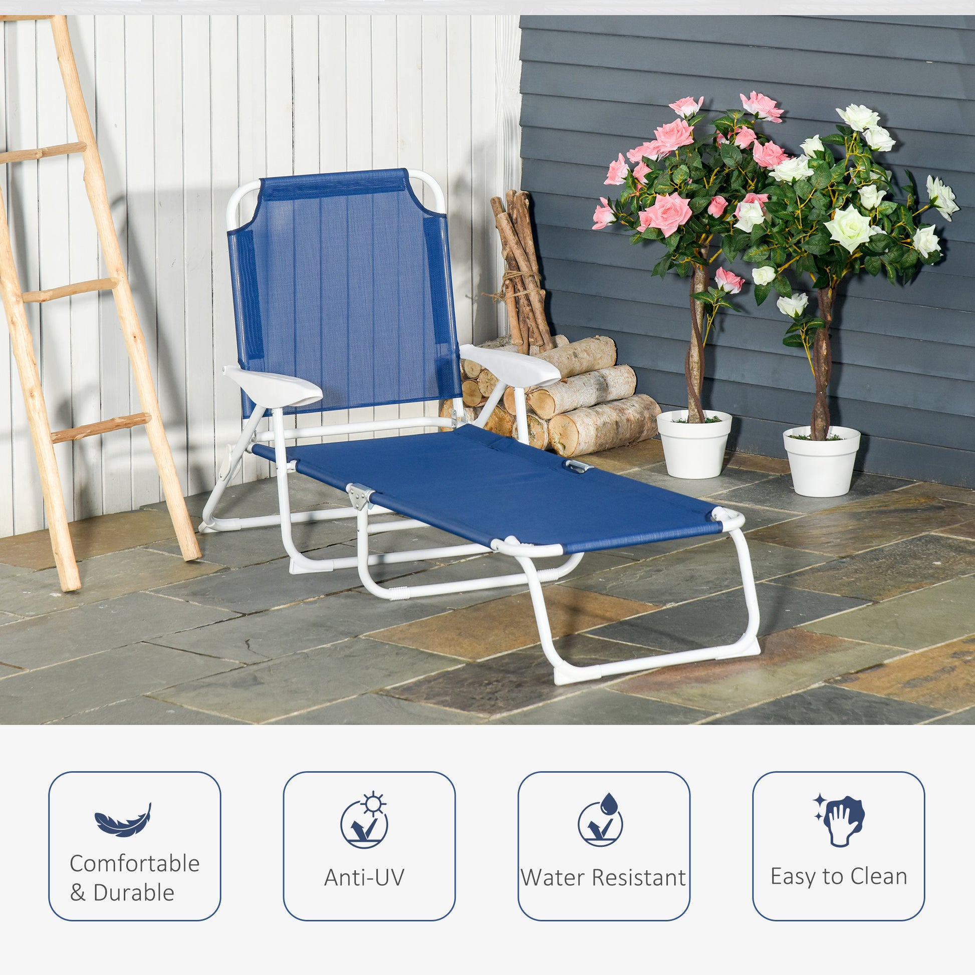 Outsunny Folding Chaise Lounge, Outdoor Sun Tanning Chair, 4 Position Reclining Back, Armrests, Metal Frame And Mesh Fabric For Beach, Yard, Patio, Blue Blue Metal