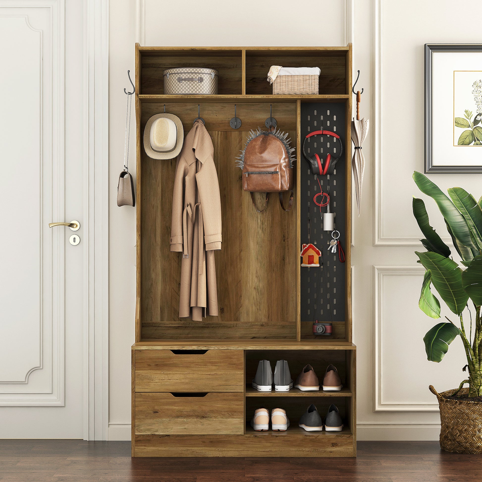 Hall Tree With 5 Hooks,Coat Hanger, Entryway Bench, Storage Bench,For Entrance, Hallwa,Brown Brown Mdf