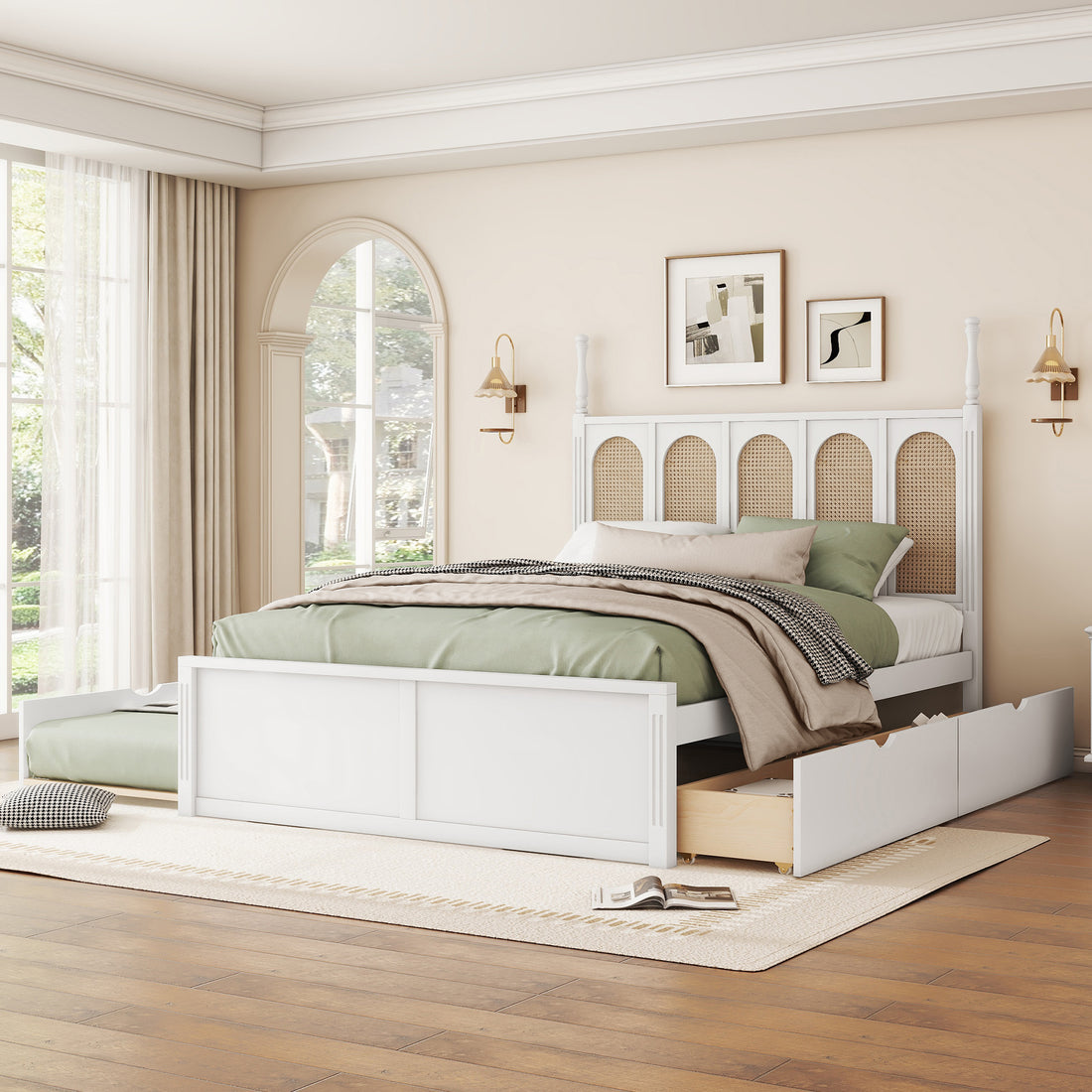 Queen Size Rattan Platform Bed With With 2 Big Drawers, T Size Trundle, White Queen White Plywood