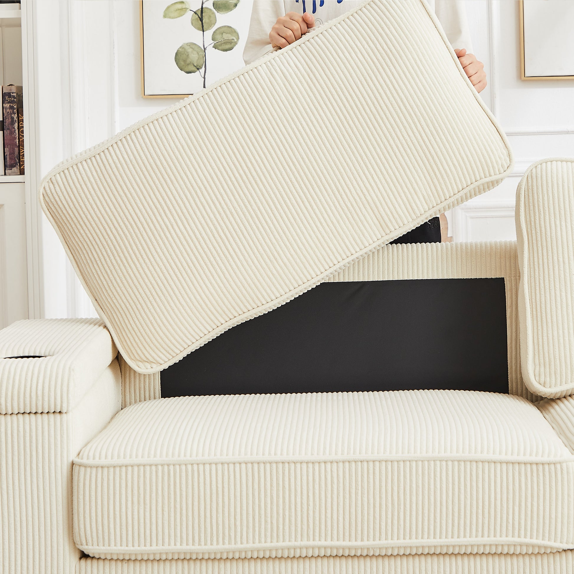 86.5 Inch Sofa Couch Deep Seat Sofa With Two Storage Spaces, T Pyce Charging Portsusb Charging Ports & 2 Cup ,Corduroy 3 Seater Couch, Modern Sofas For Living Room Beige Foam Corduroy 3 Seat