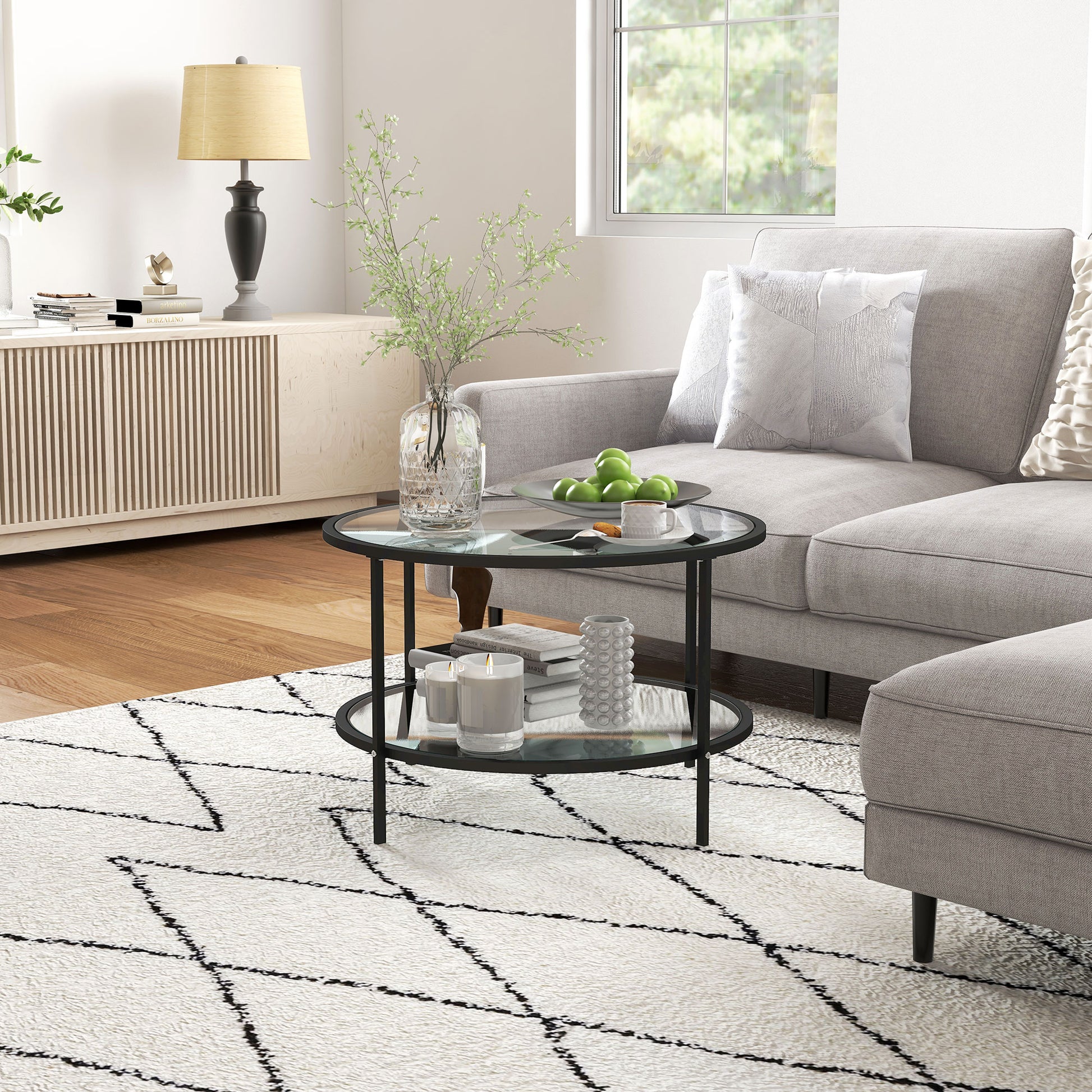 Homcom Side Table With Storage, 26" Round End Table, 2 Tier Tempered Glass Coffee Table With Steel Frame For Living Room, Black Black Glass Metal