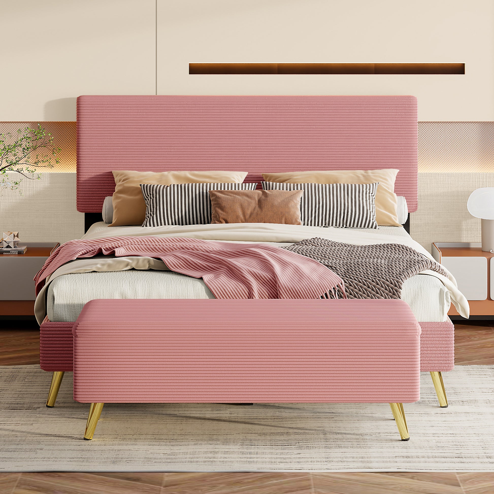 2 Pieces Bedroom Sets Queen Size Upholstered Bed Frame, Modern Corduroy Storage Ottoman,Pink Queen Pink 2 Piece Set Solid Wood Mdf