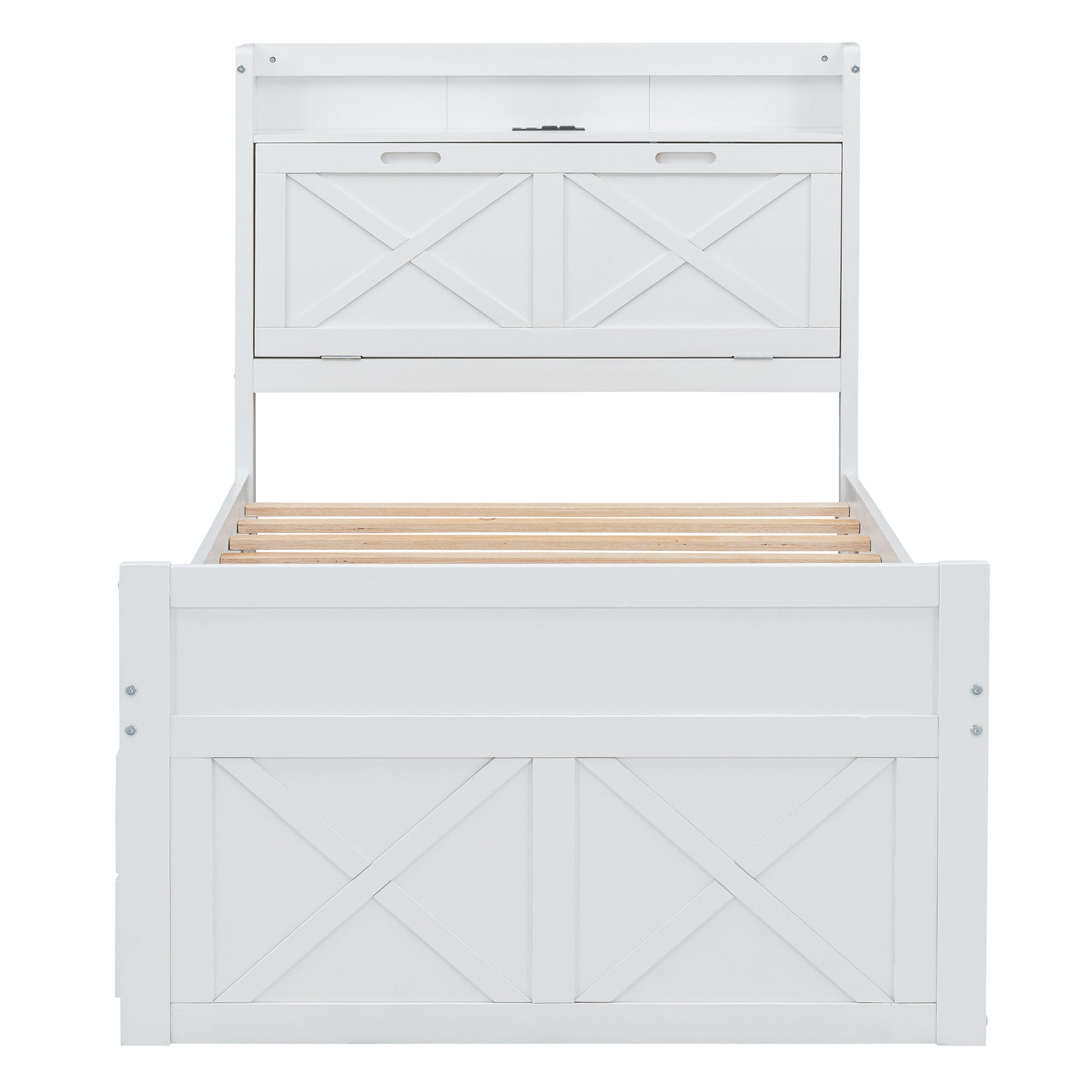 Twin Size Wooden Bed With Storage Headboard With Outlets, Extendable Bed With Twin Size Trundle With Three Storage Drawers,White Twin White Wood