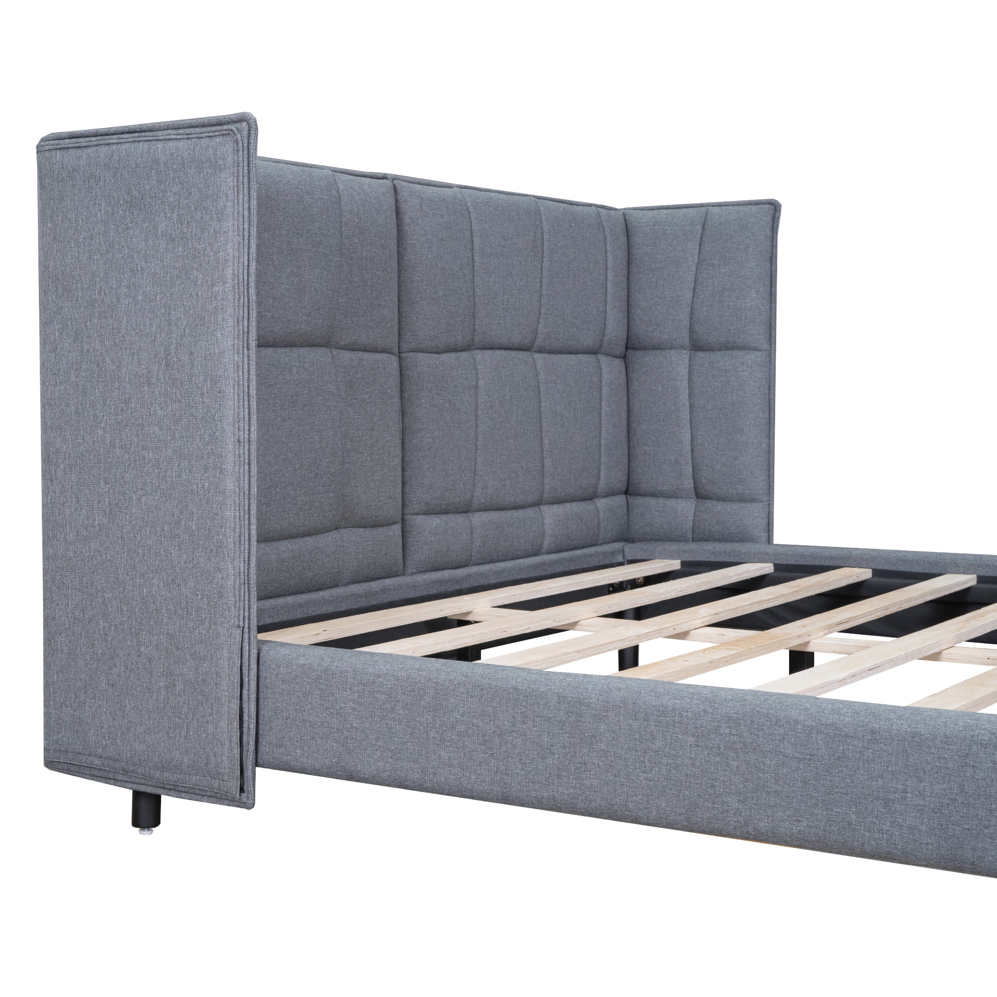 Queen Size Upholstered Platform Bed With Led Lights And U Shaped Headboard, Linen Fabric, Gray Queen Gray Wood Metal