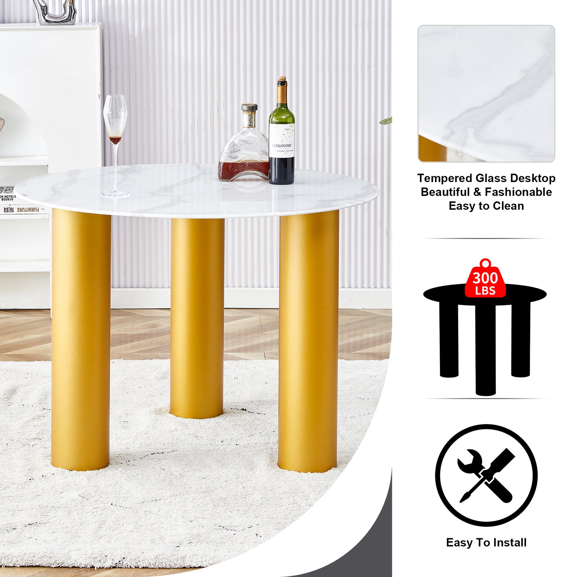 Table And Chair Set, Round Table With White Marble Pattern, Gold Mdf Table Legs, Soft And Comfortable Dining Chair, Suitable For Kitchen And Living Room White Seats 4 Mdf