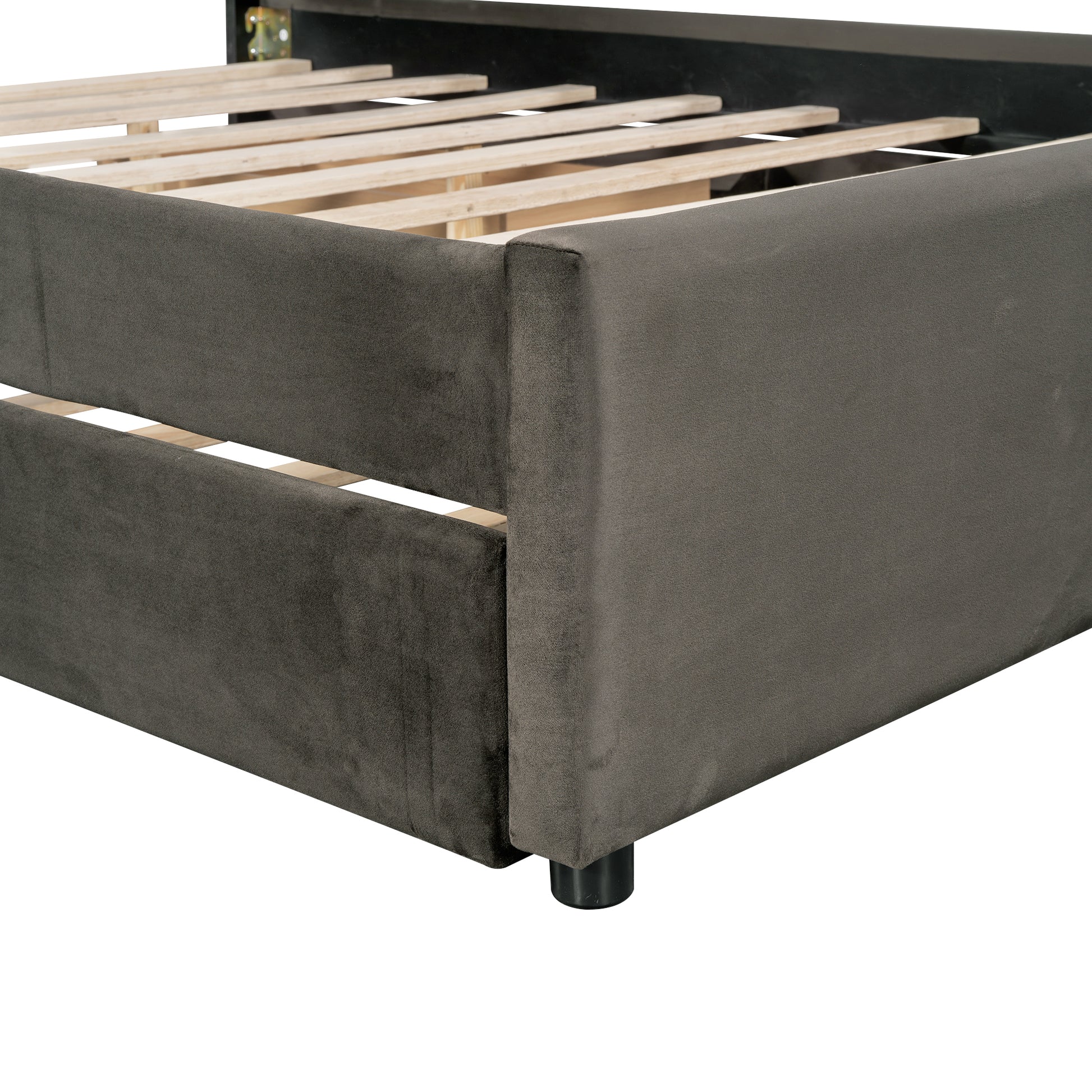 Queen Size Upholstered Platform Bed With Multi Functional Headboard, Trundle And 2 Drawers, Gray Box Spring Not Required Queen Gray Wood Bedroom Upholstered