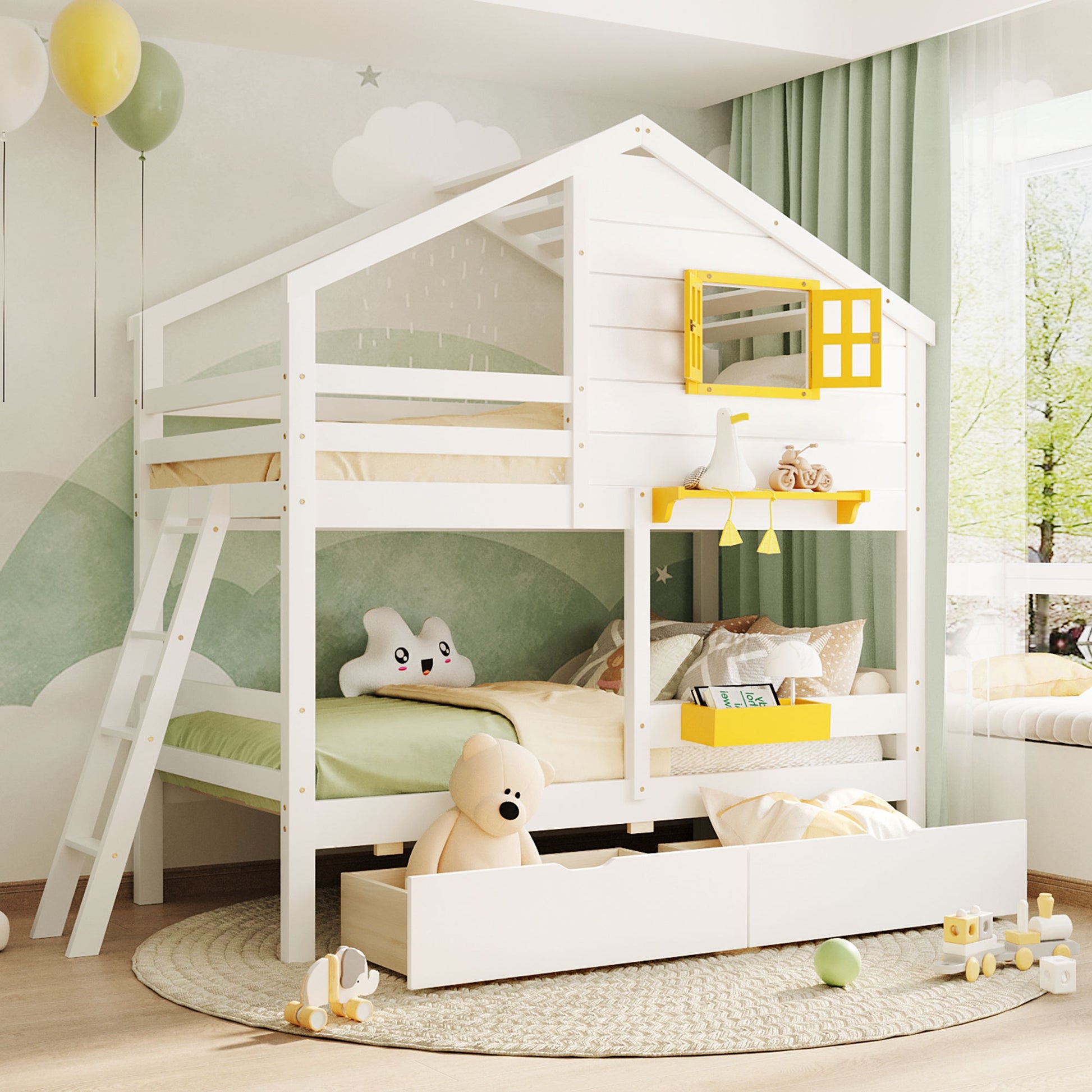 Twin Over Twin Bunk Bed With 2 Drawers, 1 Storage Box, 1 Shelf, Window And Roof White Old Sku:Lt001608Aak Twin White Solid Wood