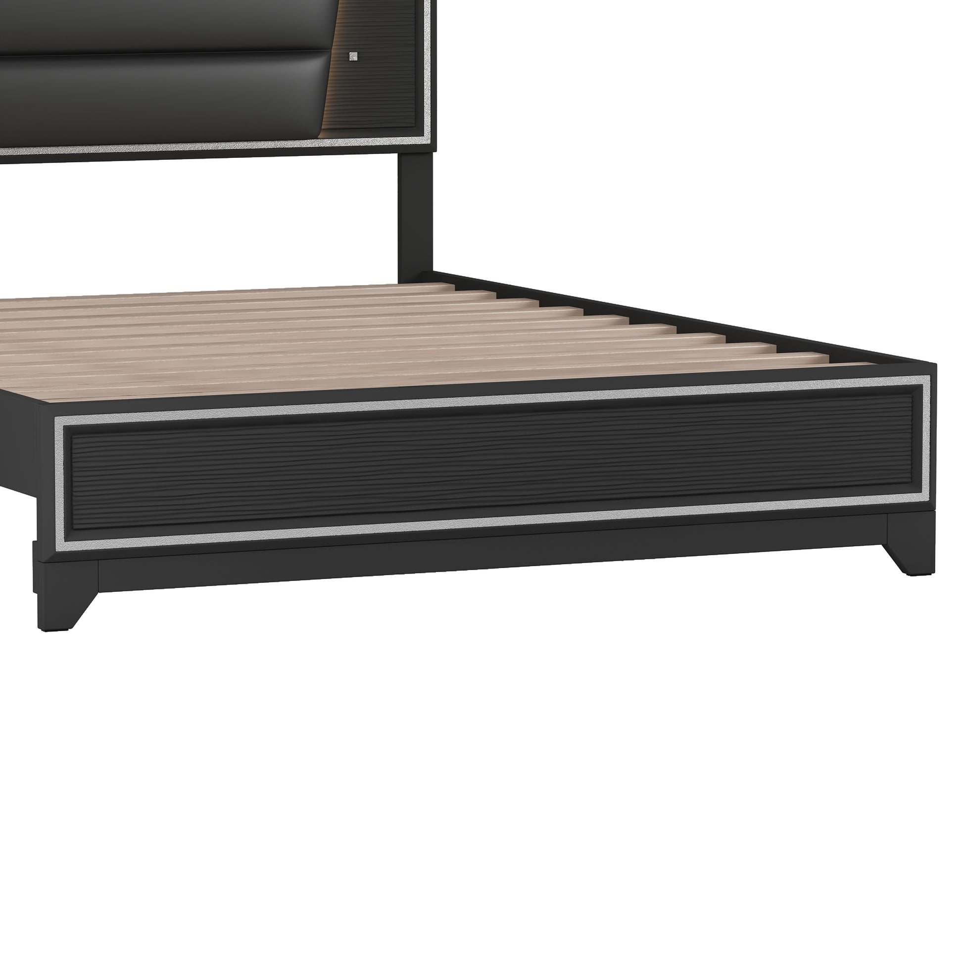 Queen Size Pu Upholstered Bed, Headboard With Led Light Strips And Sparkling Shiny Decoration, No Box Spring Required, Black Queen Black Pu