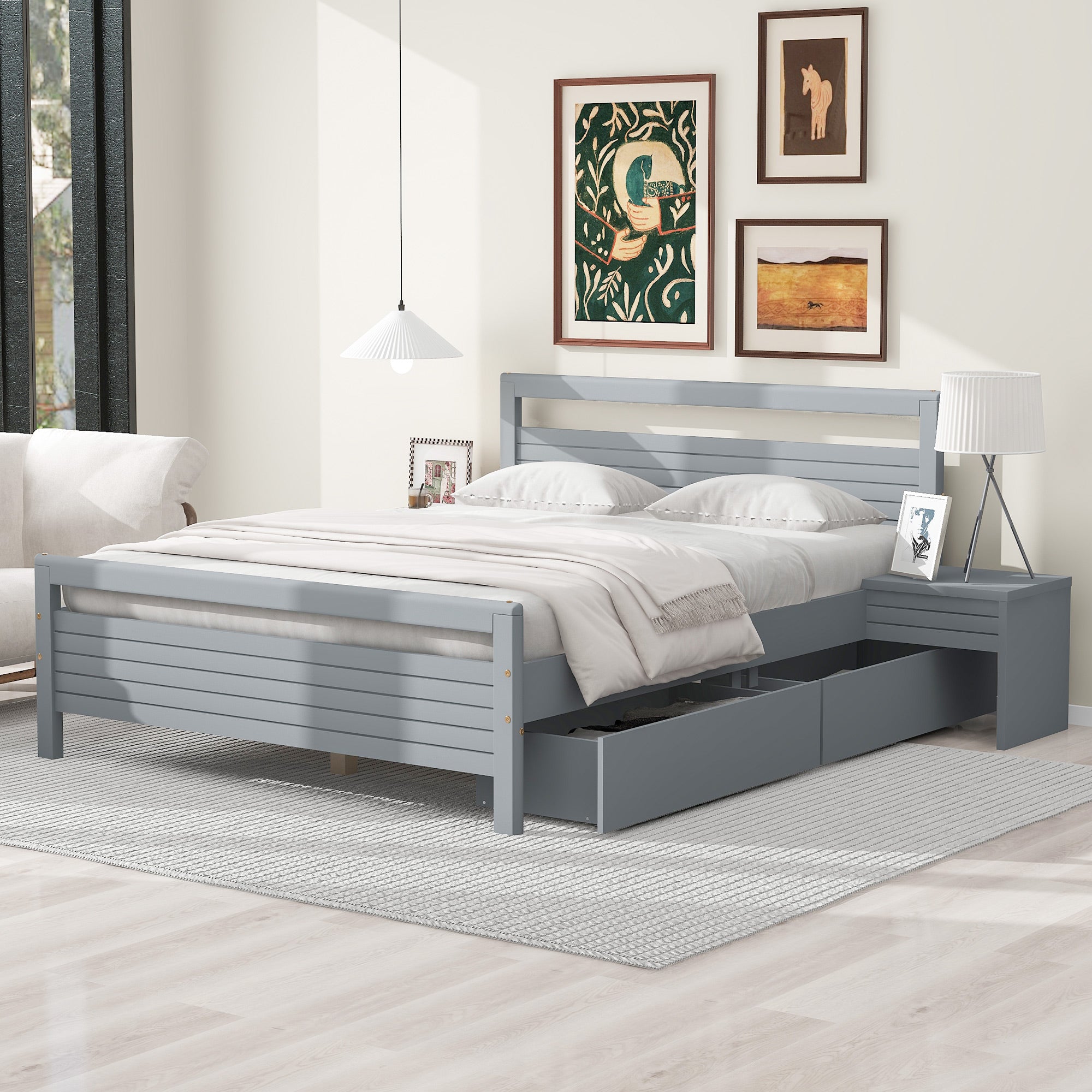 Queen Size Wooden Platform Bed With 2 Storage Drawers And 2 Bedside Tables, Gray Queen Gray Pine