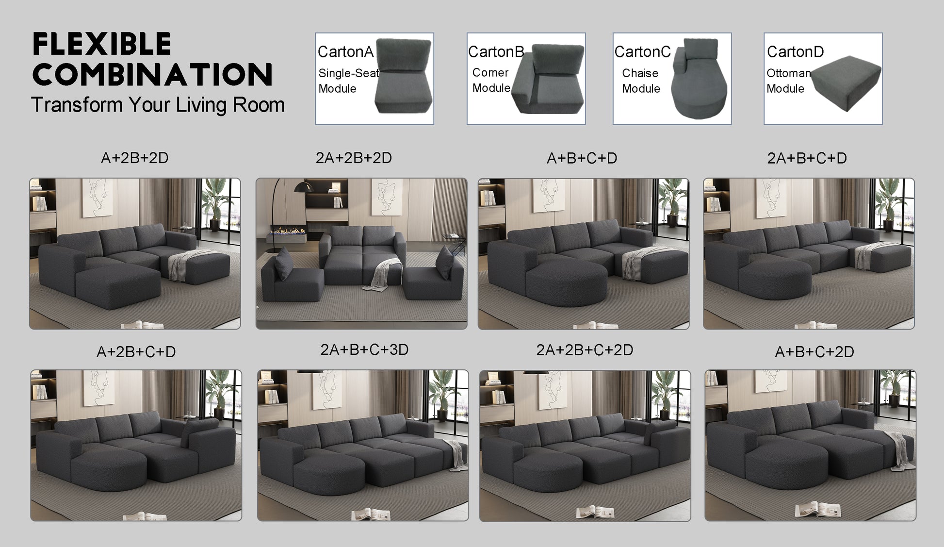 104.32*70.86 Modular Sectional Sofa Sleeper Couch, Sectional Sofa With Chaise And Ottoman, Convertible U Shaped Modular Sofa Set. Compressed Sponge, Dark Grey Combo A B C D Dark Grey Primary Living Space Soft Minimalist,Modern Foam Spring 5 Seat