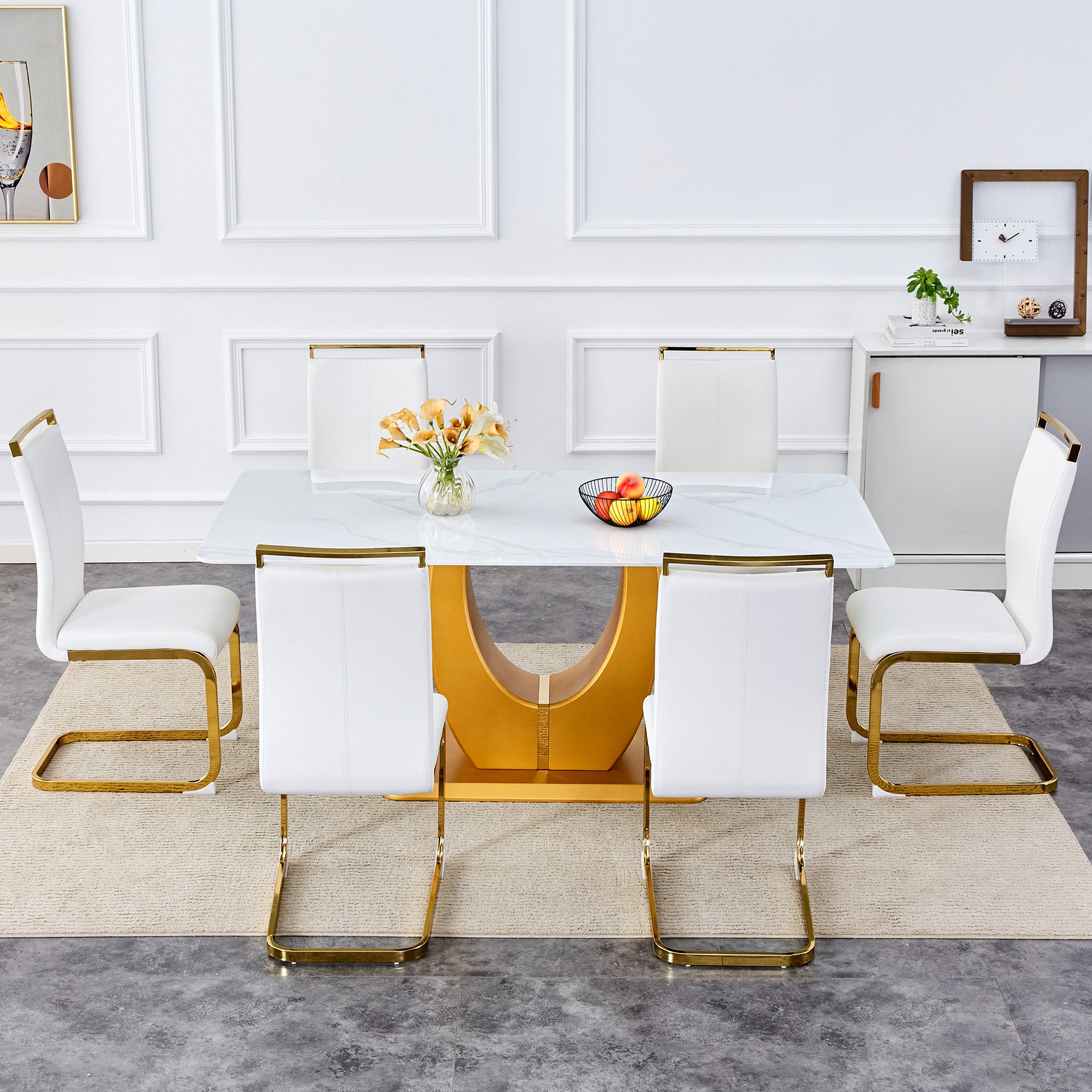 Table And Chair Set, Modern Minimalism And Luxurious White Rectangular Pattern Dining Table. Soft And Comfortable Dining Chairs For Dining Rooms, Living Rooms, Terraces And Kitchens. White Seats 6 Mdf Glass