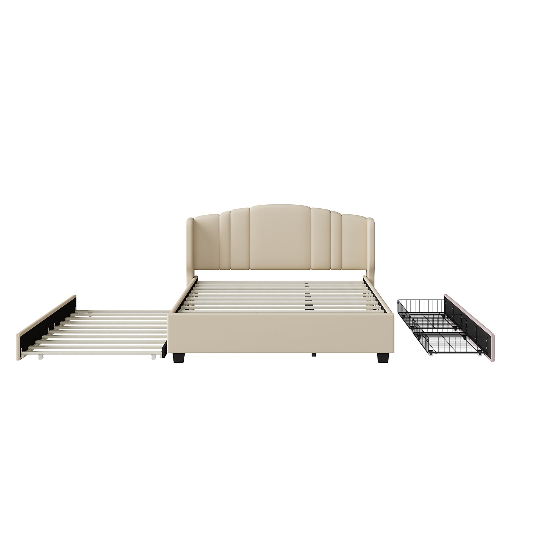 Upholstered Platform Bed With Wingback Headboard, One Twin Trundle And 2 Drawers, No Box Spring Needed, Linen Fabric, Queen Size, Beige Beige Linen