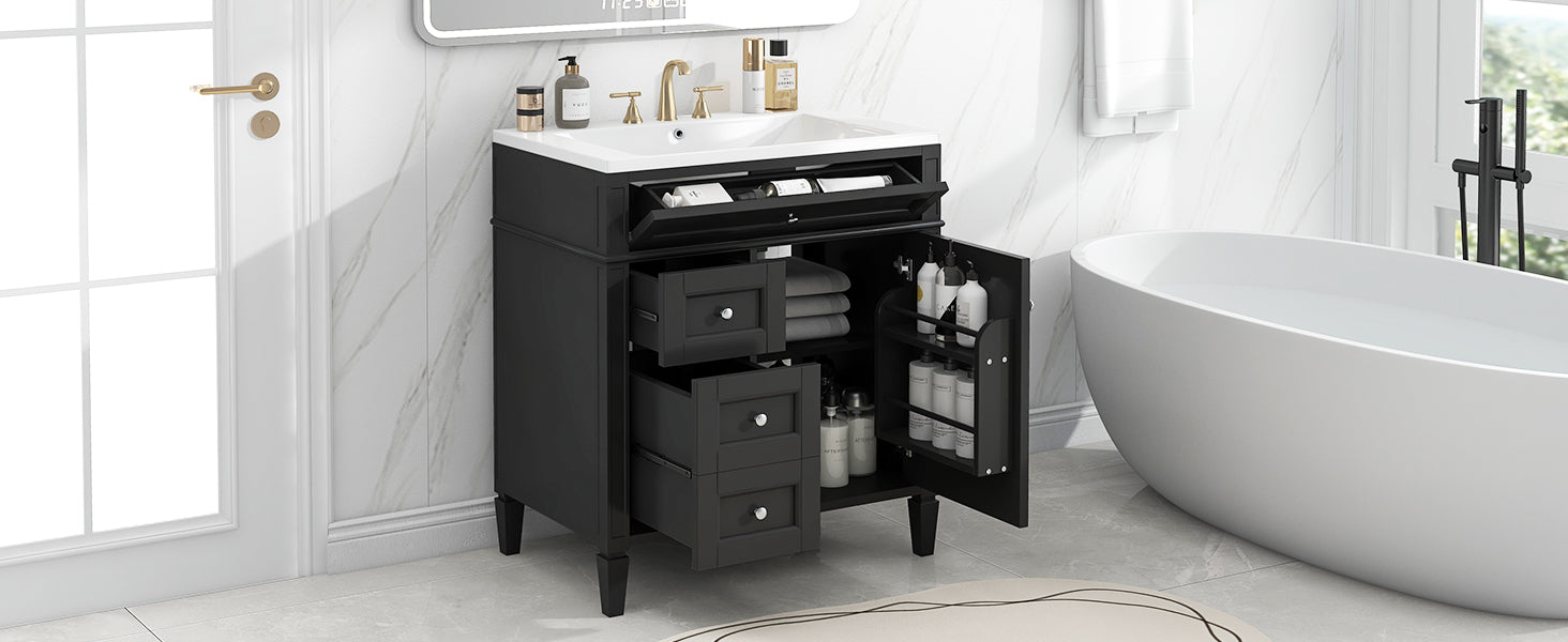 30'' Bathroom Vanity With Top Sink, Modern Bathroom Storage Cabinet With 2 Drawers And A Tip Out Drawer, Single Sink Bathroom Vanity Black Bathroom Solid Wood Mdf