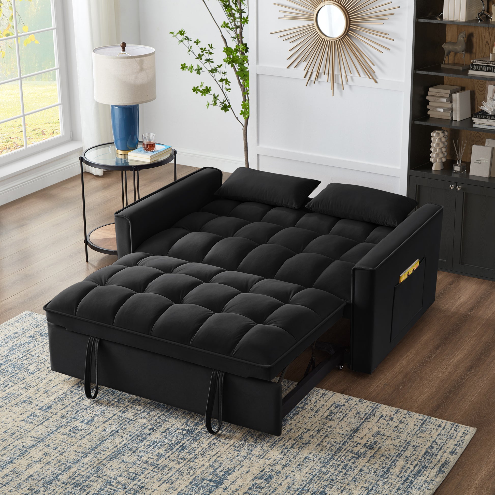 4 In1 Loveseat Sofa Bed With Armrests & Storage Pockets, Multi Function Tufted Pull Out Sofa Bed With Adjustable Backrest And Pillows, Convertible Loveseat Sofa Couch,Black Black Velvet Primary Living Space Medium Soft Tufted Back American