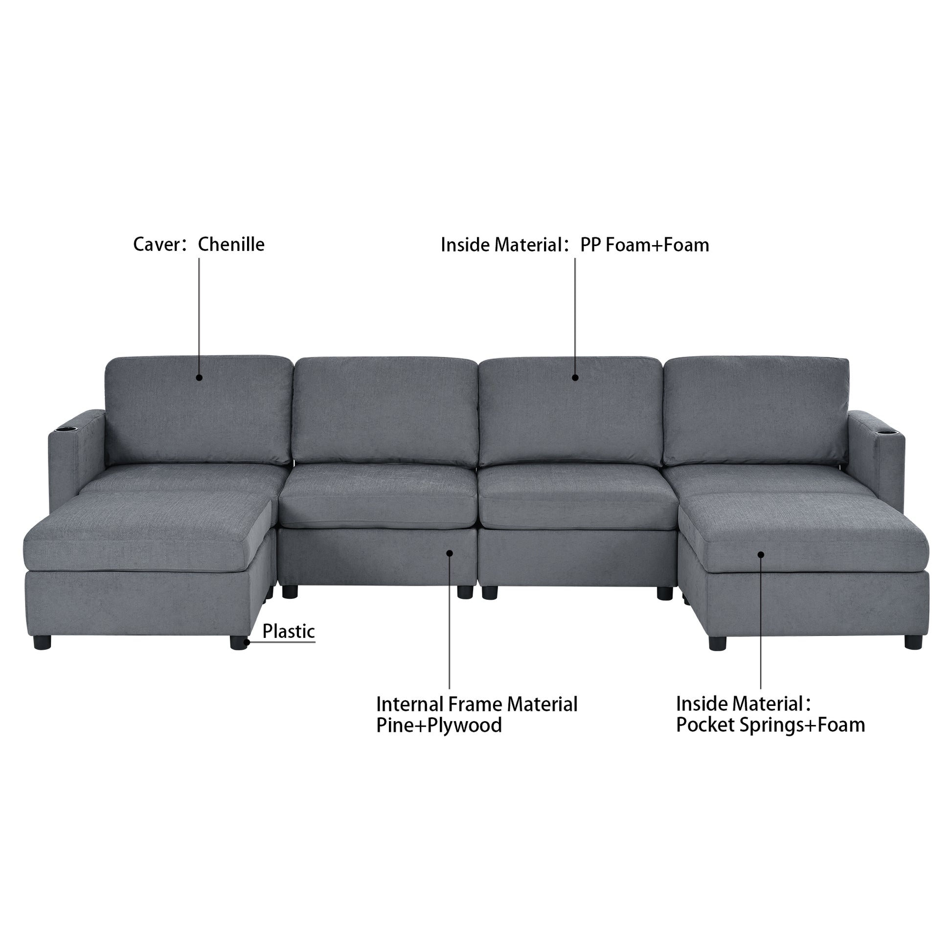 Modern Large Sectional Sofa, U Shape Modular Sectional Couch With Storage Function,123" Sofa Bed With Ottoman,6 Seat Sectionals Chaise For Living Room,Chenille Grey Fabric 6 Seat