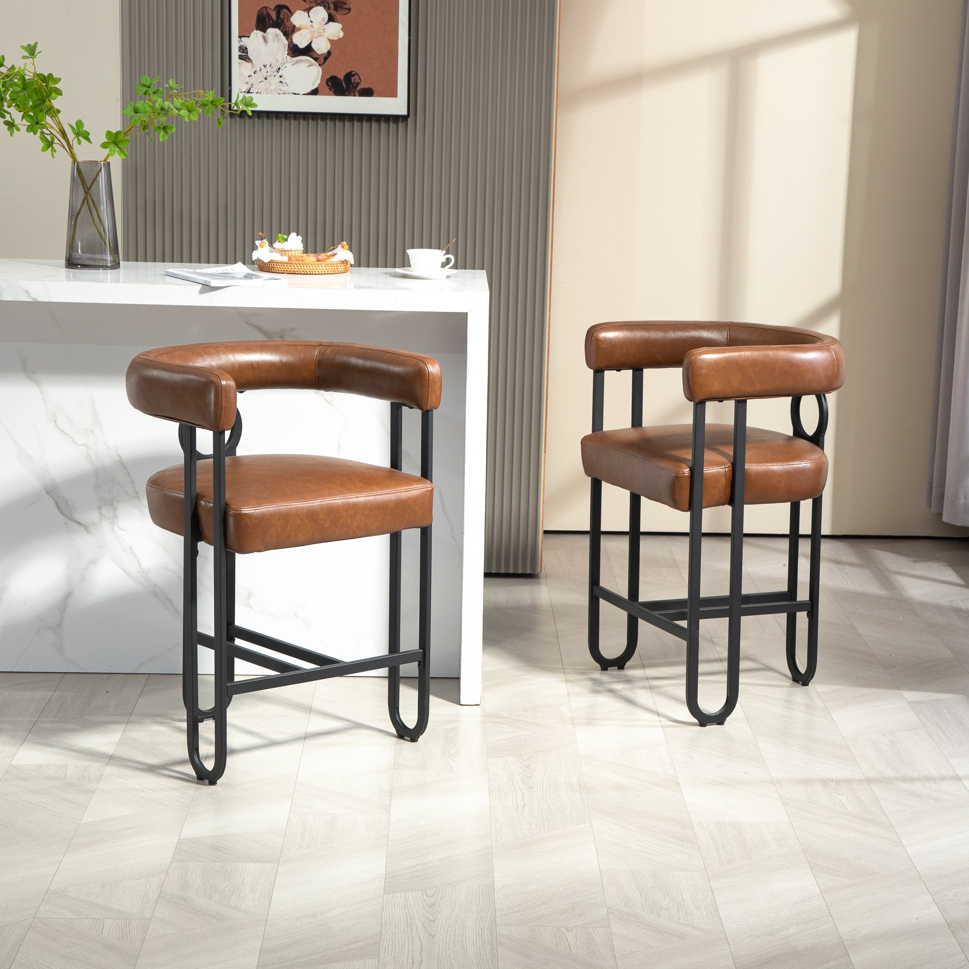 Coolmore Bar Stools Set Of 2, Modern Bar Stool With Back, Black Metal Frames, Upholstered Bar Stools For Kitchen Island, Pub, Club Light Brown Pu Light Brown Dining Room Foam Pu Leather