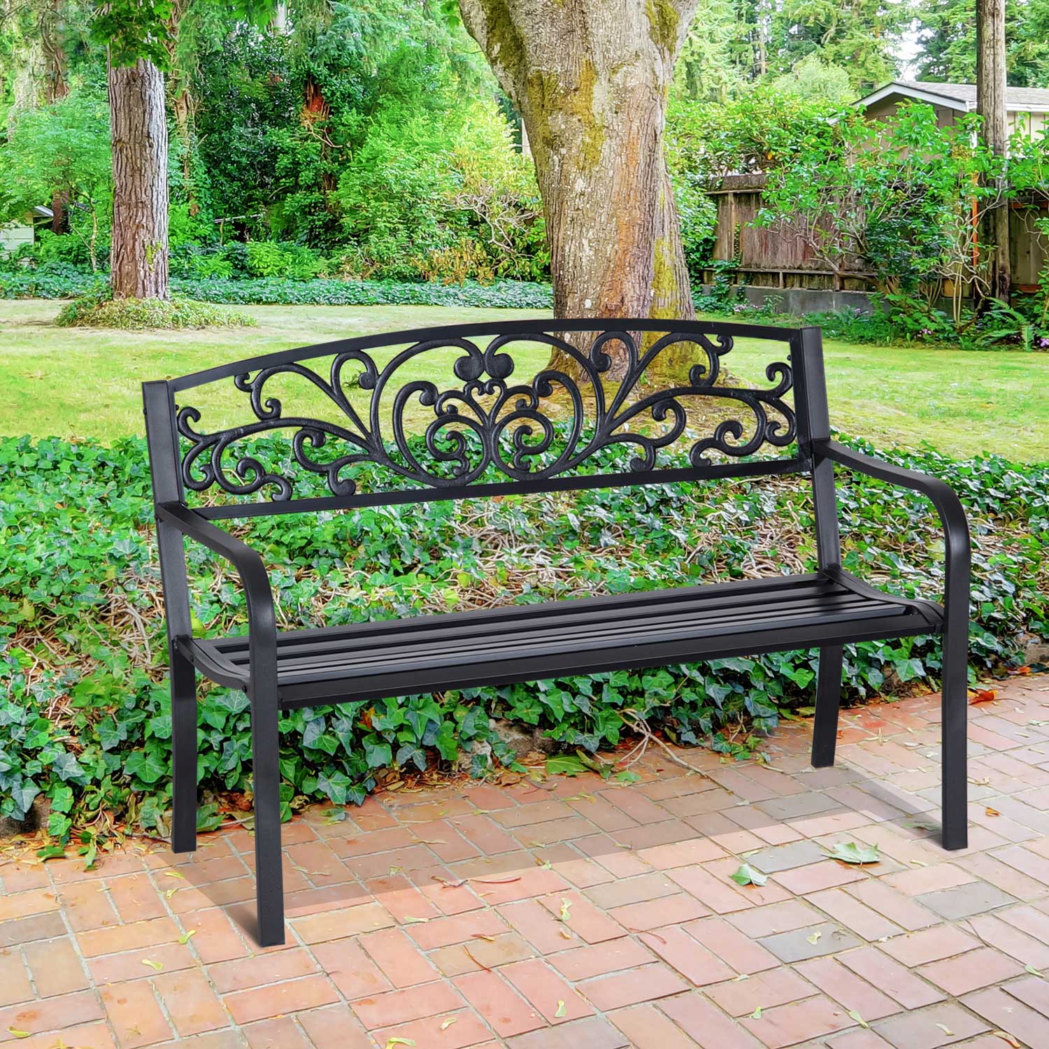 Outsunny 50" Outdoor Bench, Metal Garden Bench With Floral Pattern Backrest, Porch Bench With Slatted Seat For Park, Yard, Lawn, Black Black Iron