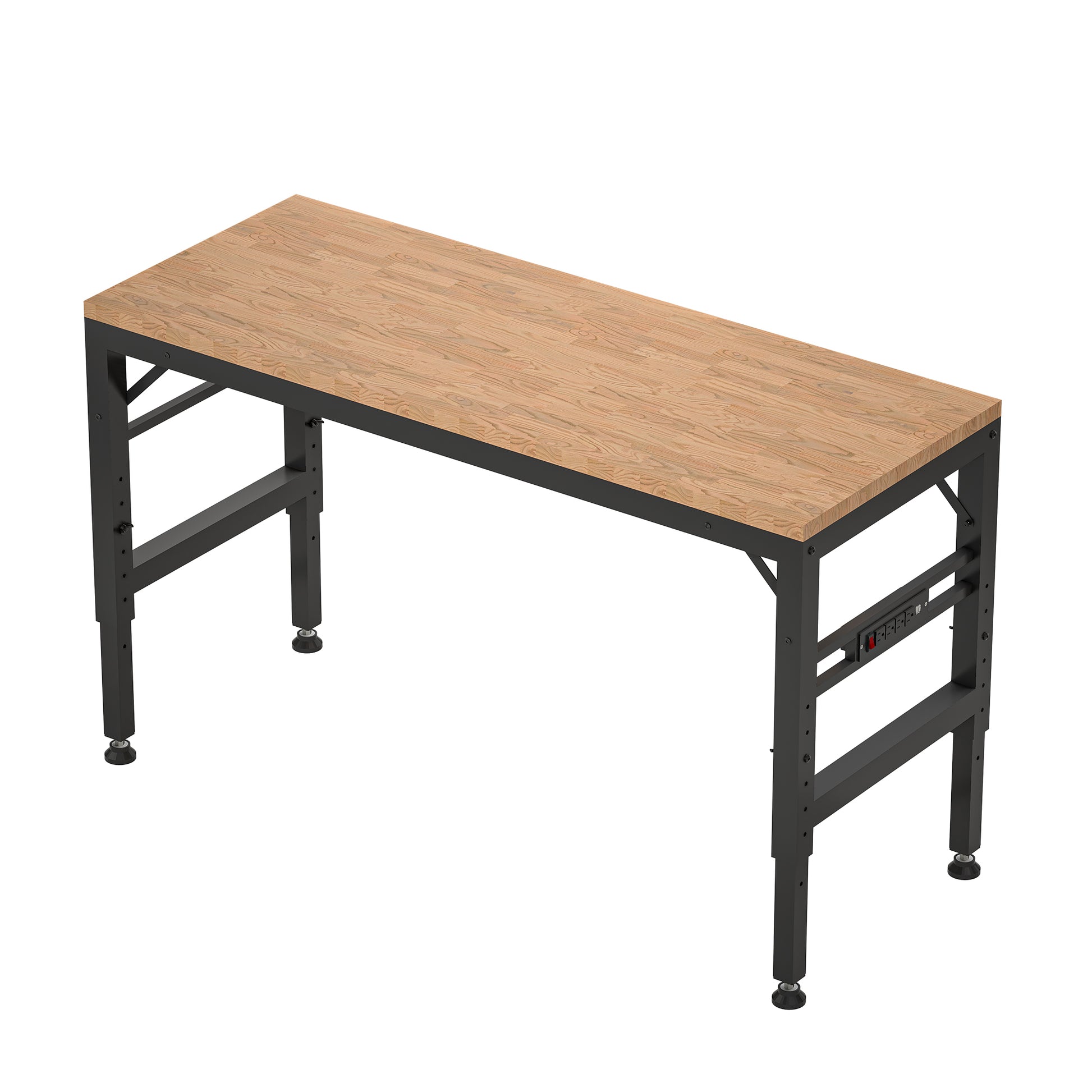 Adjustable Height Workbench, 60" Rubber Wood Top Heavy Duty Workstation With Power Outlets, 2000 Lbs Load Capacity Hardwood Worktable For Workshop, Garage, Office, Home, Commercial Black Metal & Wood