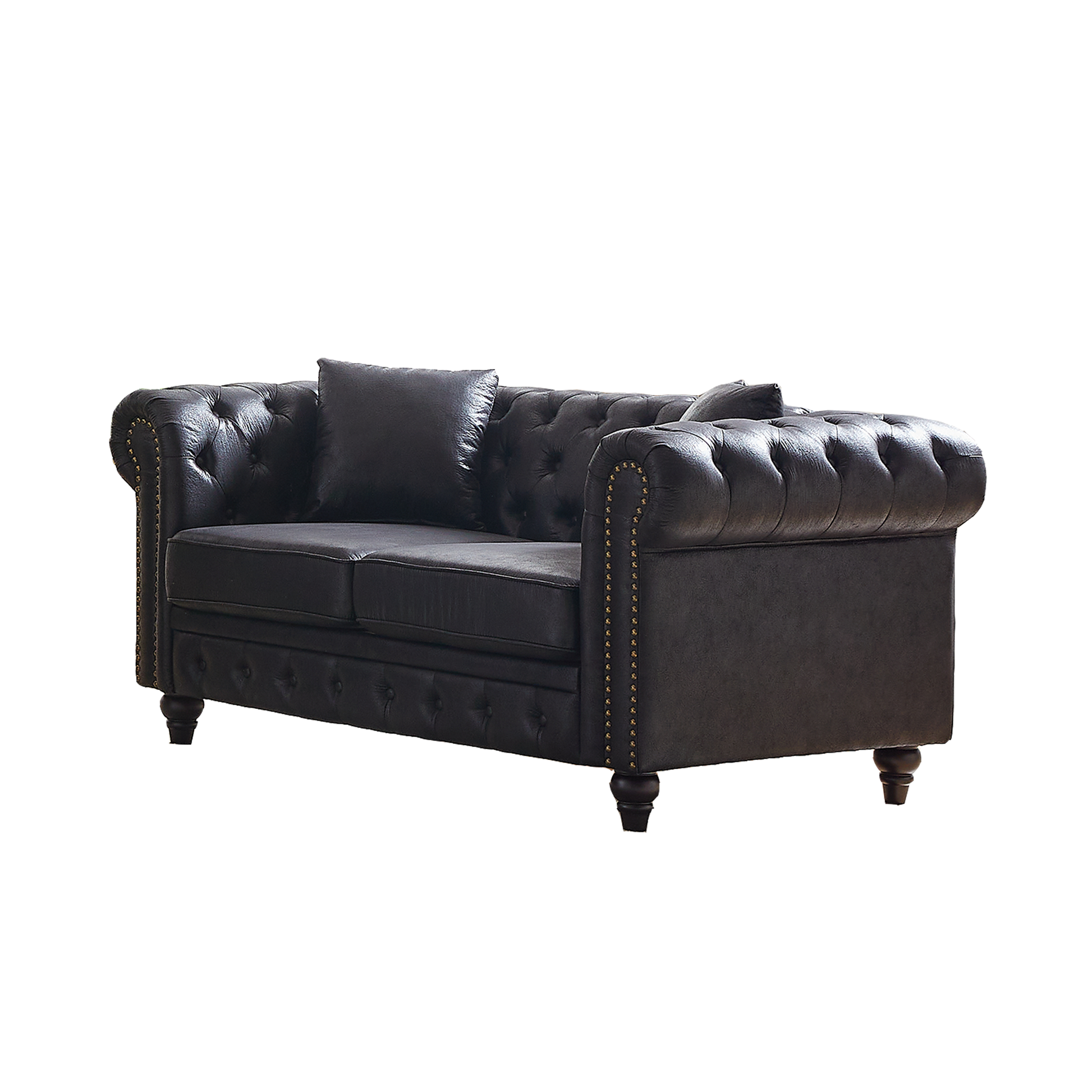 Fx 63.5" Contemporary Design Chesterfield Sofa, Tech Fabric Button Design Living Room Sectional, Button Tufted With Nail Design Arms With 2 Pillows, Upholstered Upholstery And Wooden Legs Black Wood Primary Living Space Pine Foam Fabric 3 Seat