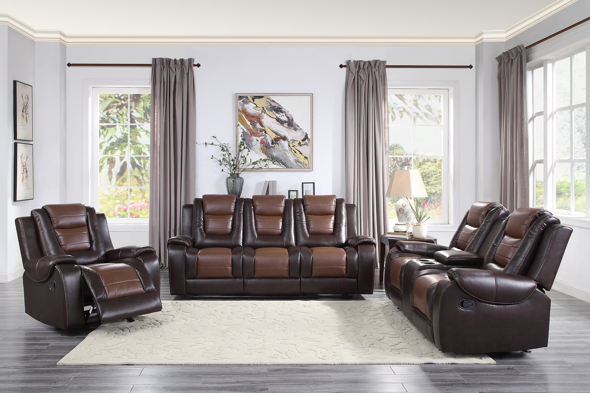 Modern Luxury Living Room Sofa Set 3Pc Reclining Sofa Loveseat Glider Reclining Chair Formal Furniture Premium Faux Leather Upholstery Comfortable Two Tone Brown Finish Dark Brown,Light Brown Faux Leather Wood Primary Living Space Luxury,Modern