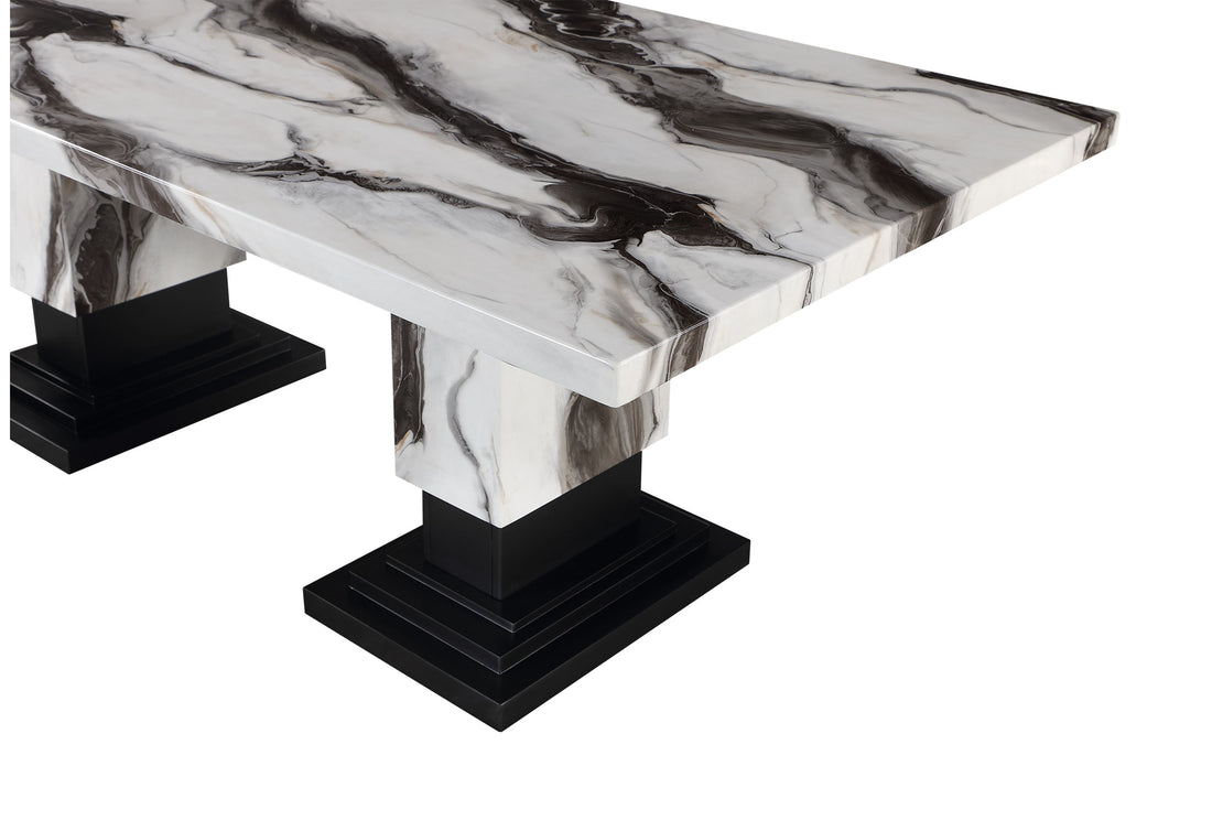 Stacey Zebra White Black Dining Table Multicolor Seats 6 Dining Room Modern Rubberwood Rectangular Wood Rubber Wood Pedestal