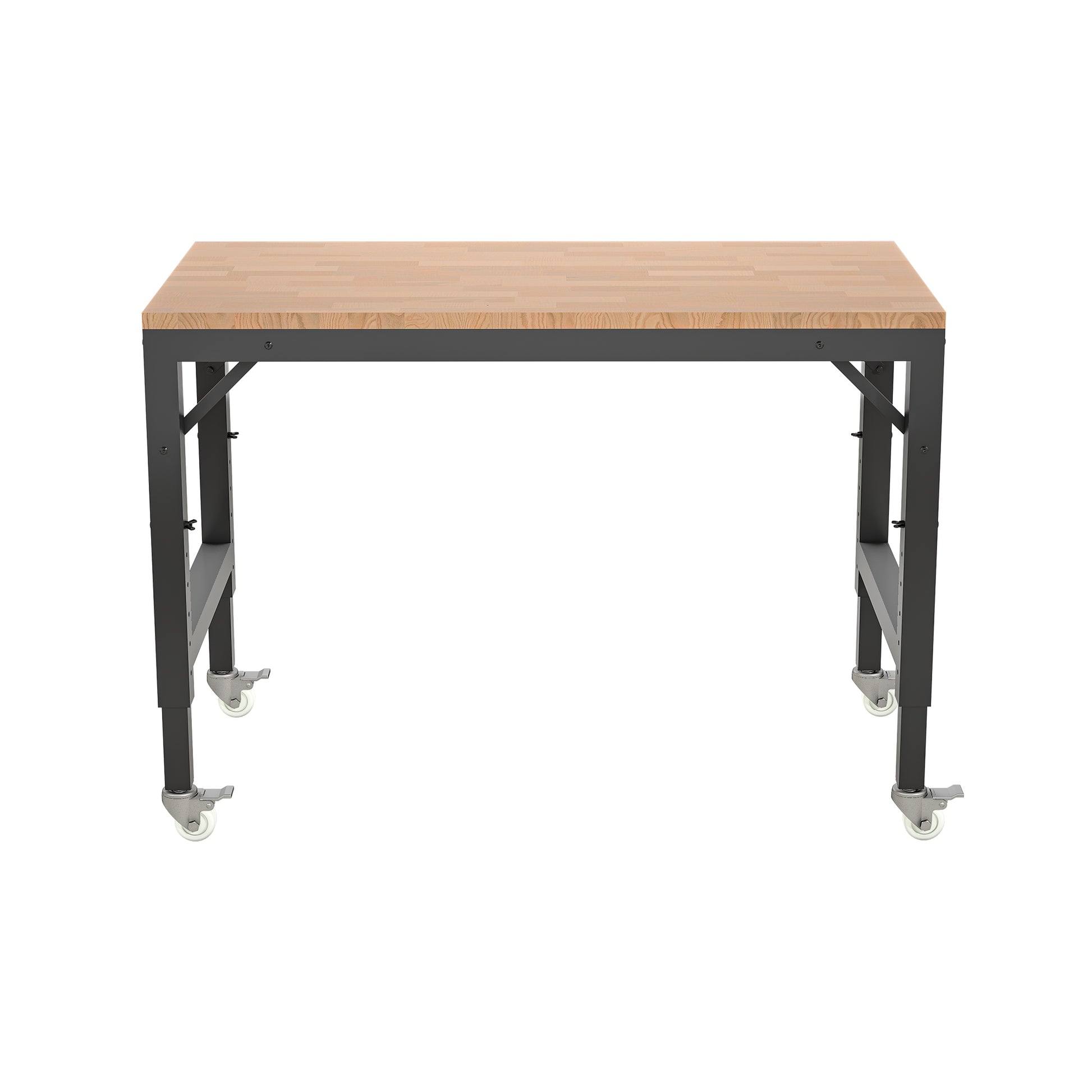 48" Heavy Duty Adjustable Workbench For Garage, Rubber Wood Shop Table W Metal Wheels, Hardwood Workstation Weight Capacity Over 2000 Lbs With Wheels Black Metal & Wood