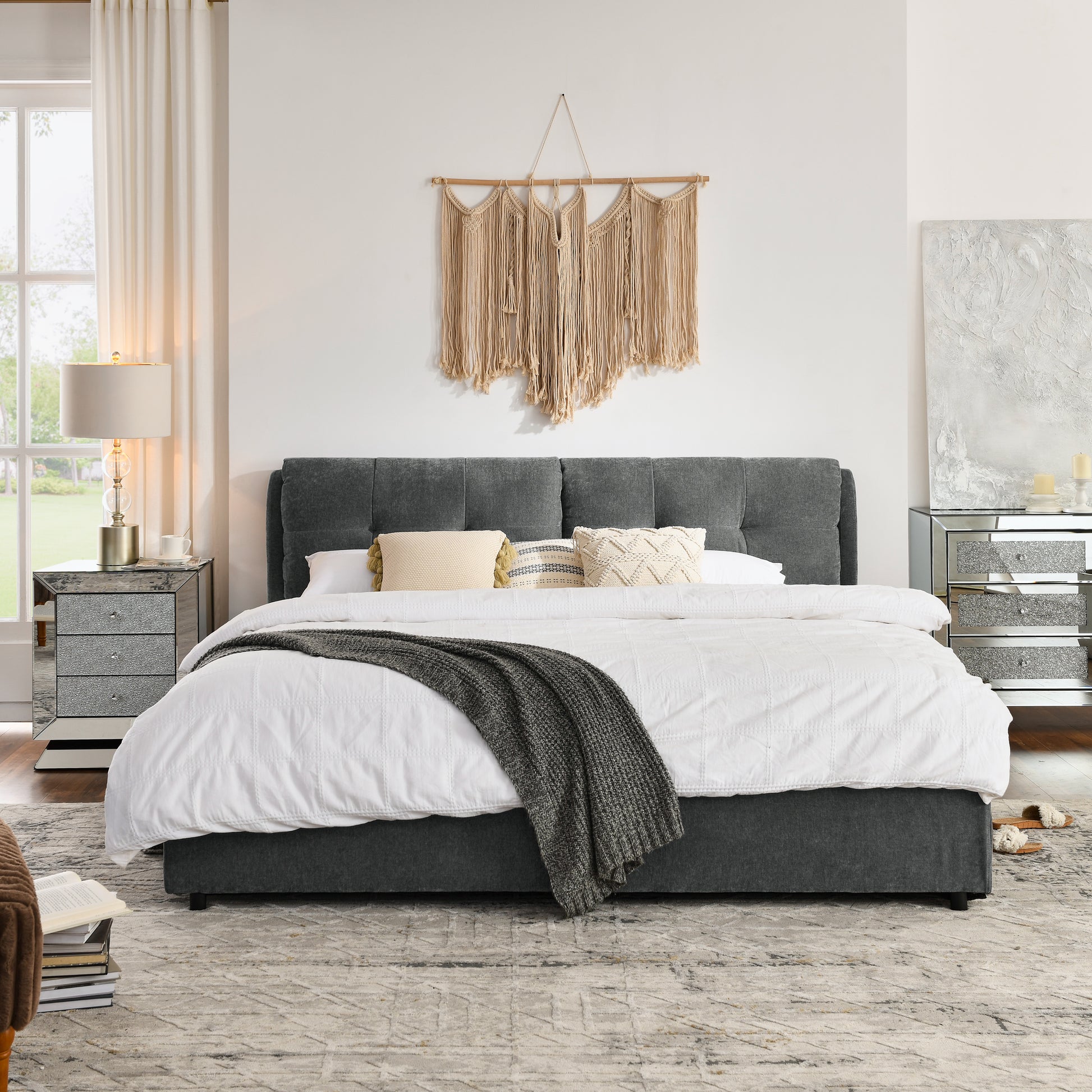 King Size Storage Upholstered Hydraulic Platform Bed With Integrated Headboard, Chenille Fabric, Gray King Gray Bedroom Luxury,Modern Chenille Chenille