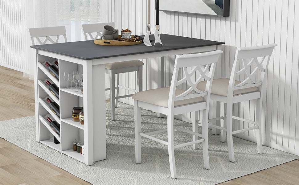 Updated Counter Height 5 Piece Solid Wood Dining Table Set, 59*35.4Inch Table With Curved Wine Rack And 4 Upholstered Chairs, White Wood Dining Room Solid Wood Rubberwood Rectangular Dining Table With Chair Wood Wood White Solid Back Seats 4 Farmhouse 4