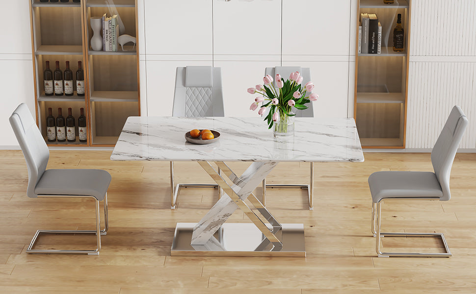 Table And Chair Set, Modern Dining Table, Imitation Marble White Top And Silver Legs, Soft And Comfortable Dining Chair, Perfect For Dinner, Meetings, Home And Office Decor Grey Silver Glass Metal