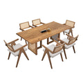 86.61 Inch Oversize Rectangular Waves Dining Table,Wooden Dining Table For 6 Persons,Mid Century Modern Large Kitchen Table For Living Room,Bohemian Dining Table With Rattan Weave For Restaurant Oak
